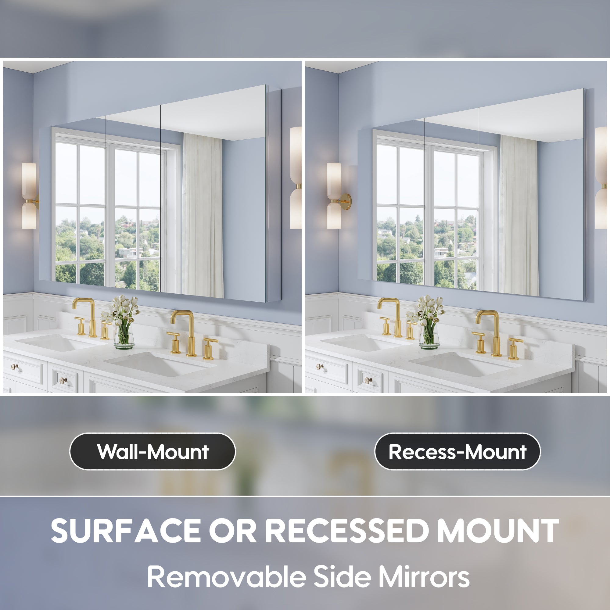 64 in. ×36 in. Copper-Free Tri-Views Mirror Medicine Cabinet with Adjustable Shelves and 3 Doors