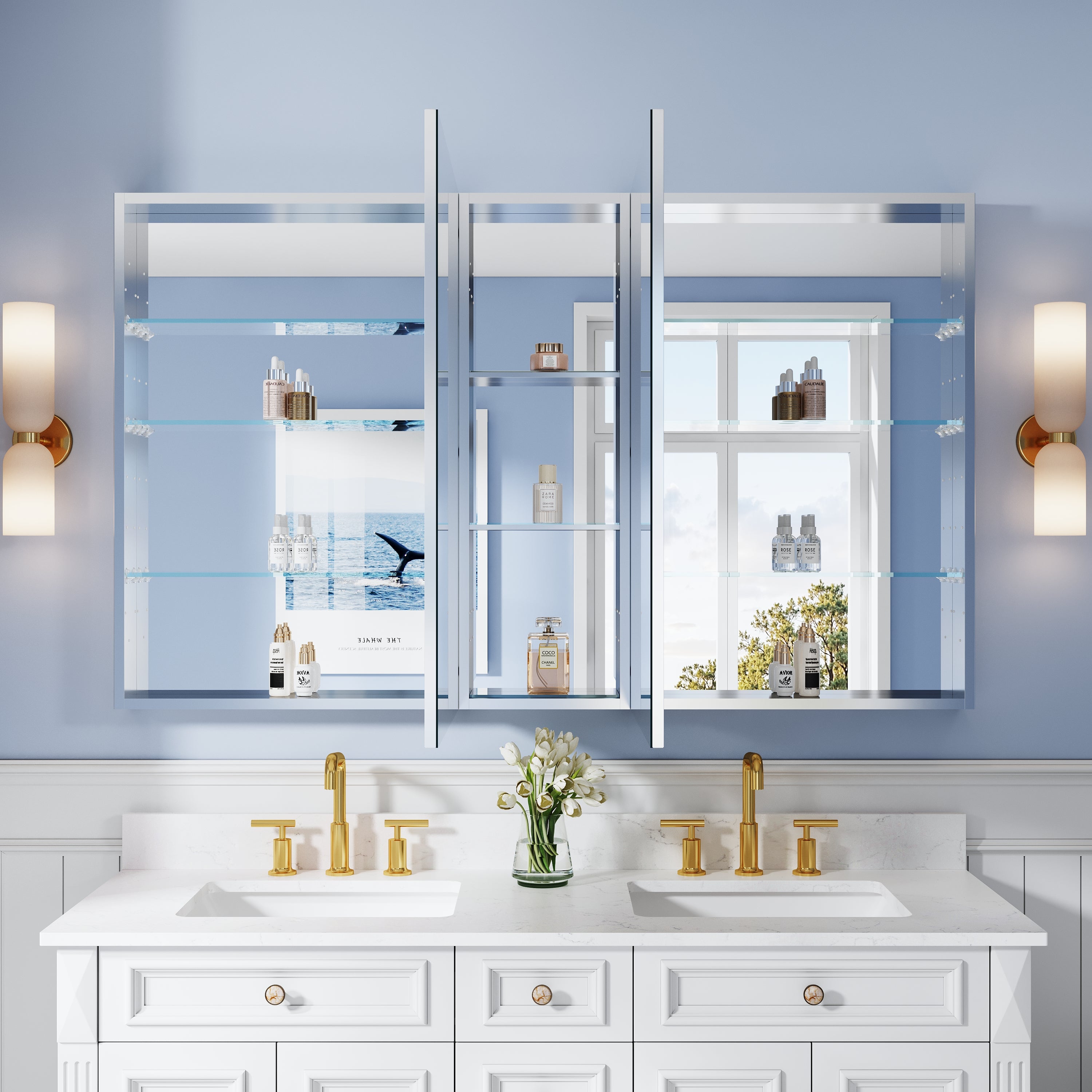 60 in. ×36 in. Bathroom Medicine Cabinet Set with Copper-Free Tri-View Mirror and Open Side Cabinet, Recessed or Surface Mount