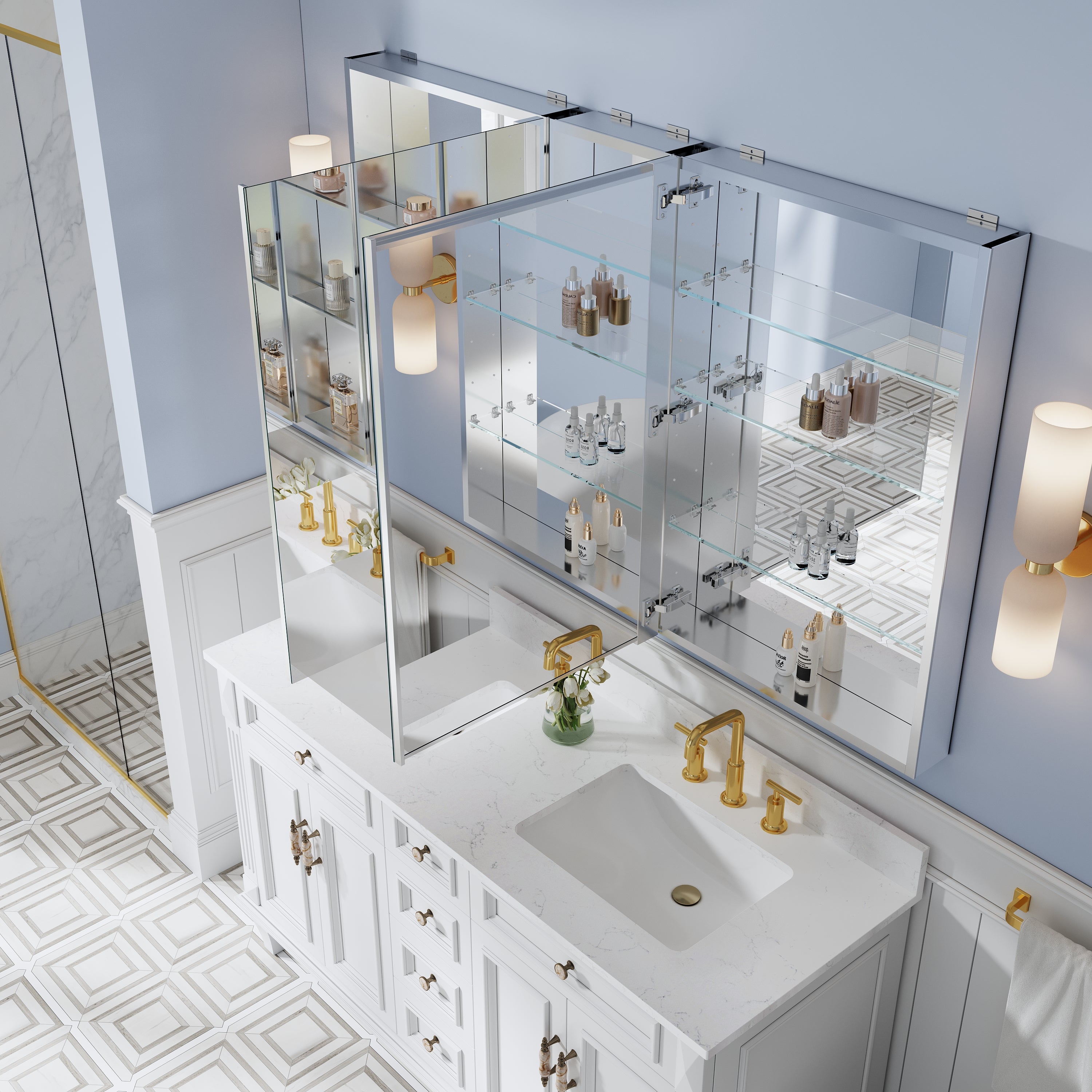 60 in. ×36 in. Bathroom Medicine Cabinet Set with Copper-Free Tri-View Mirror and Open Side Cabinet, Recessed or Surface Mount