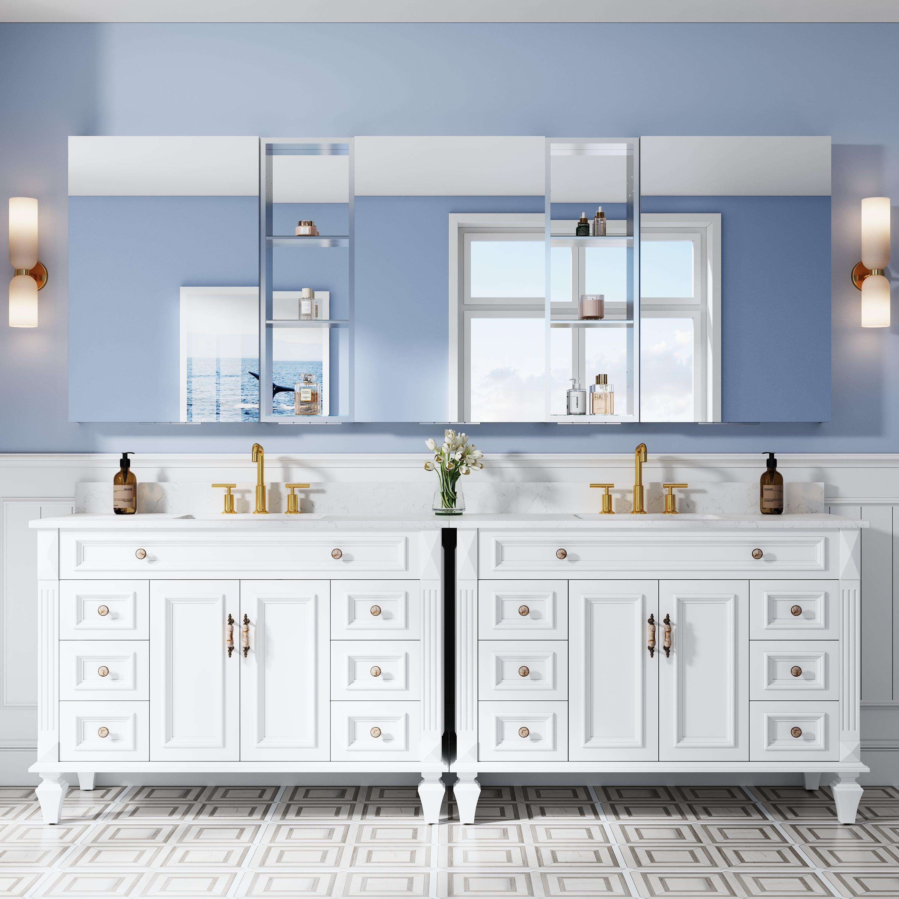 96 in. ×36 in. Bathroom Medicine Cabinet Set with Copper-Free Tri-View Mirror and Open Side Cabinet, Recessed or Surface Mount