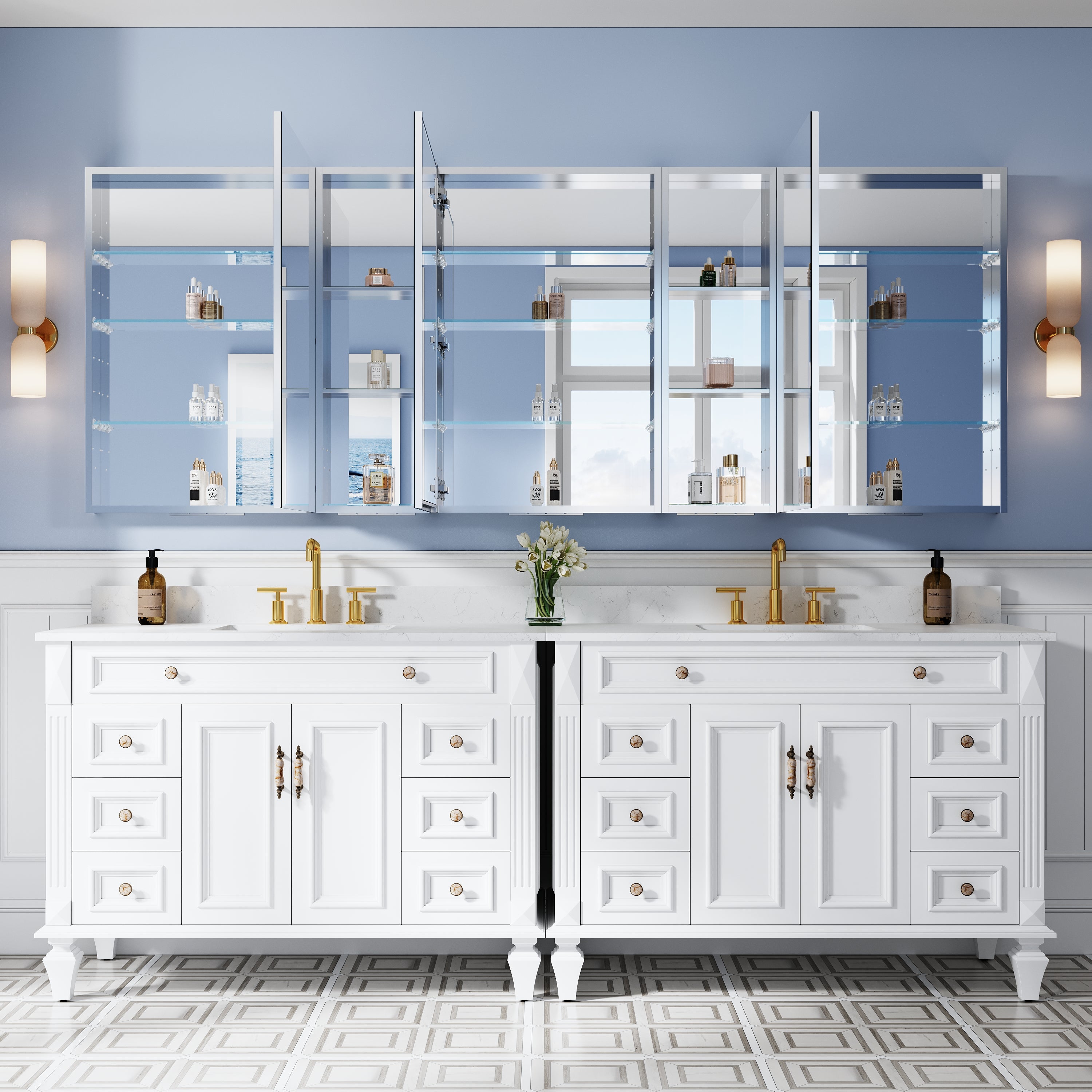 96 in. ×36 in. Bathroom Medicine Cabinet Set with Copper-Free Tri-View Mirror and Open Side Cabinet, Recessed or Surface Mount