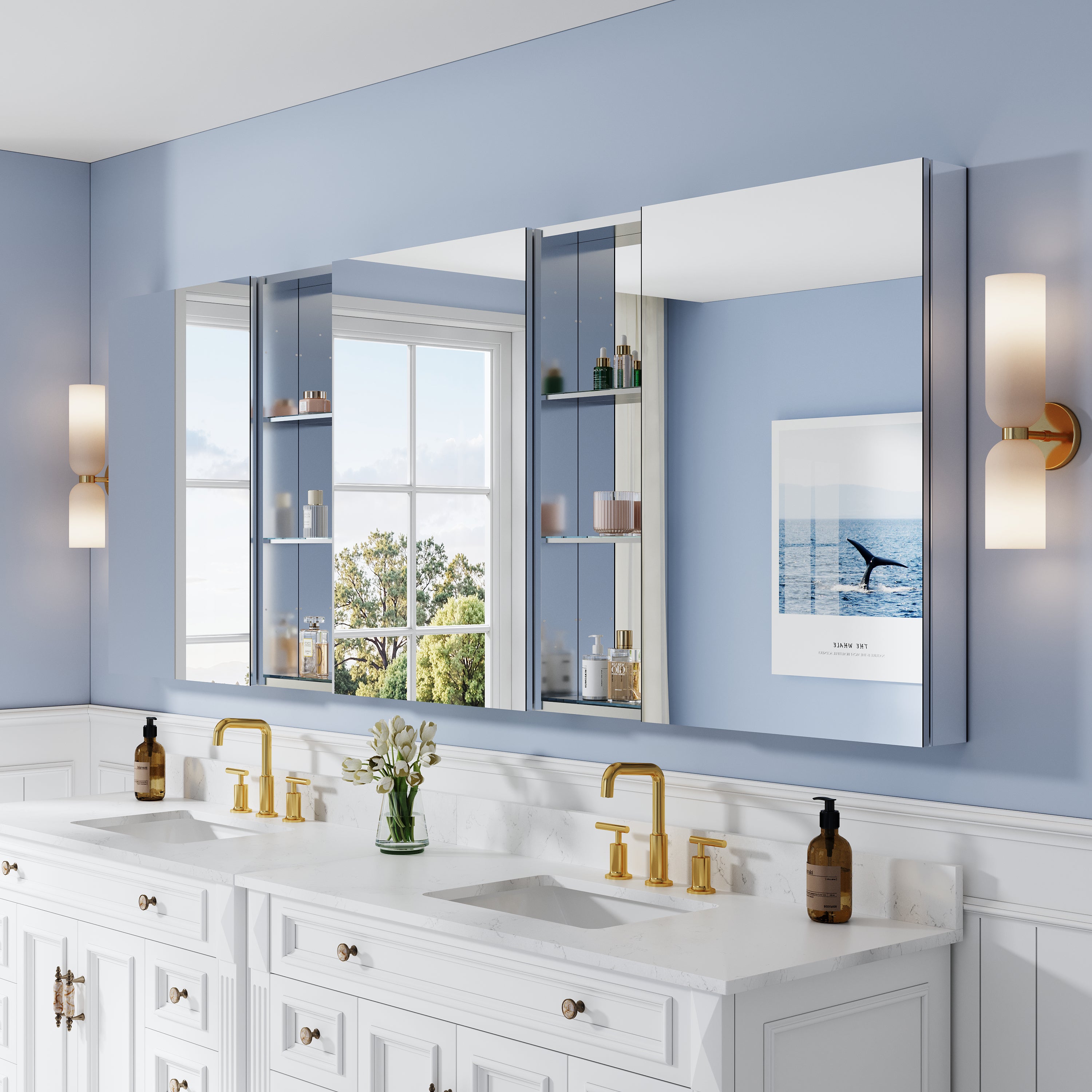 96 in. ×36 in. Bathroom Medicine Cabinet Set with Copper-Free Tri-View Mirror and Open Side Cabinet, Recessed or Surface Mount