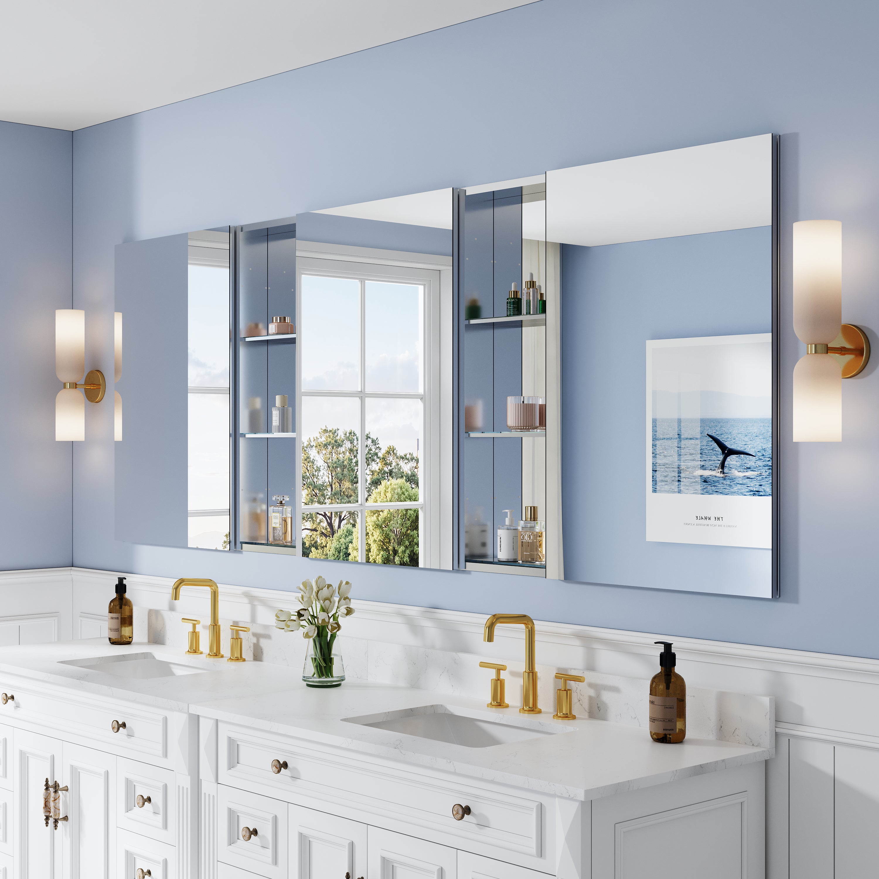 96 in. ×36 in. Aluminum Bathroom Medicine Cabinet and Open Shelf Set, Recessed or Surface Mount