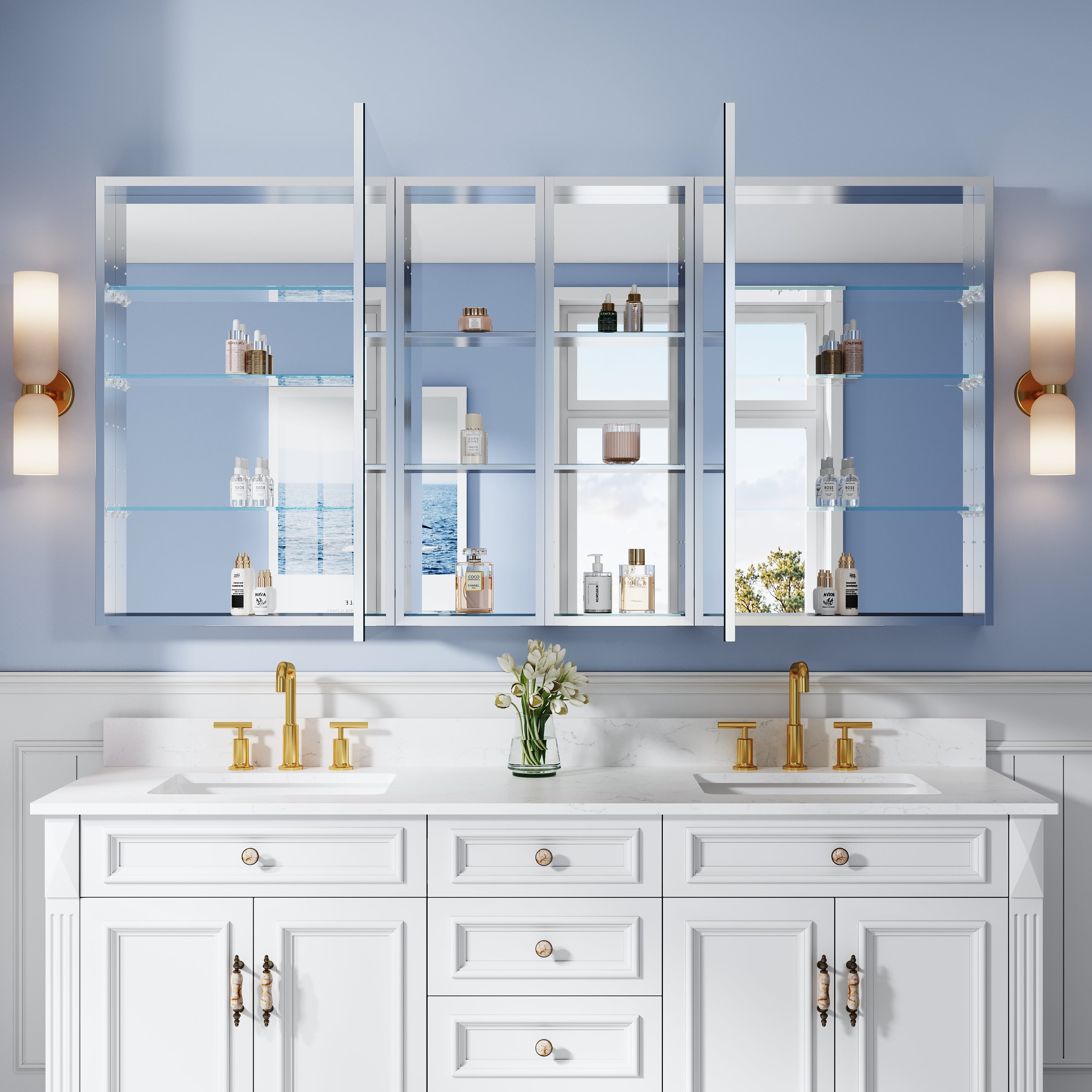 72 in. ×36 in. Bathroom Medicine Cabinet Set with Copper-Free Tri-View Mirror and Open Side Cabinet, Recessed or Surface Mount