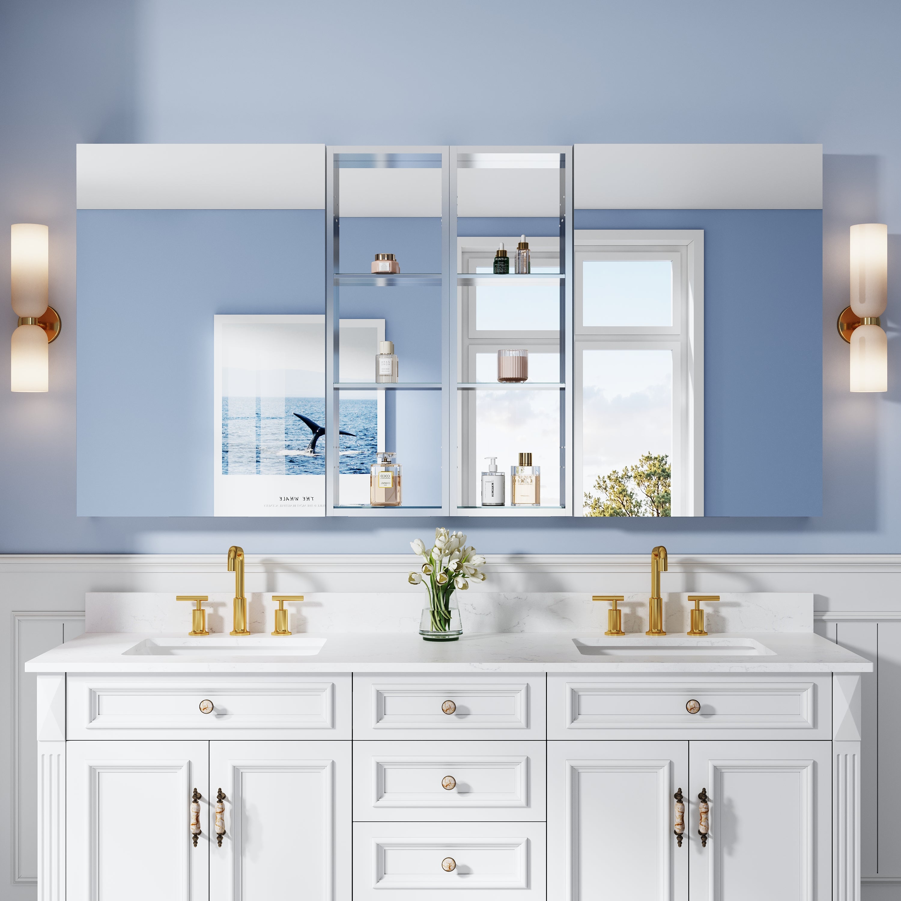 72 in. ×36 in. Bathroom Medicine Cabinet Set with Copper-Free Tri-View Mirror and Open Side Cabinet, Recessed or Surface Mount