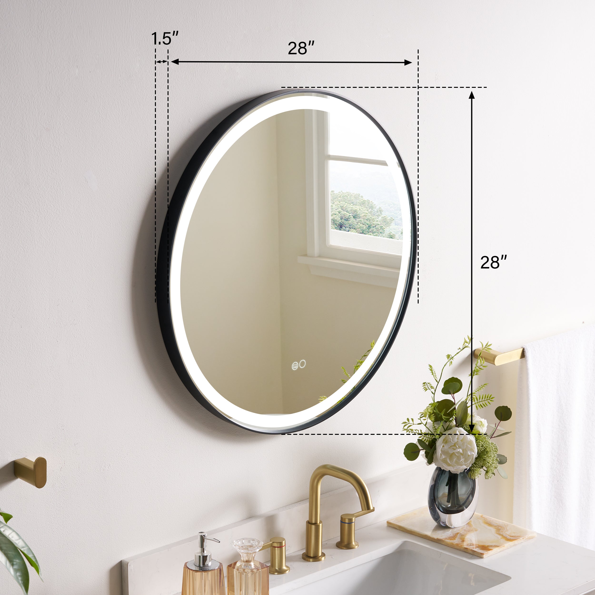 28 in. W x 28 in. H Framed Round LED Light Bathroom Vanity Mirror in Matte Black