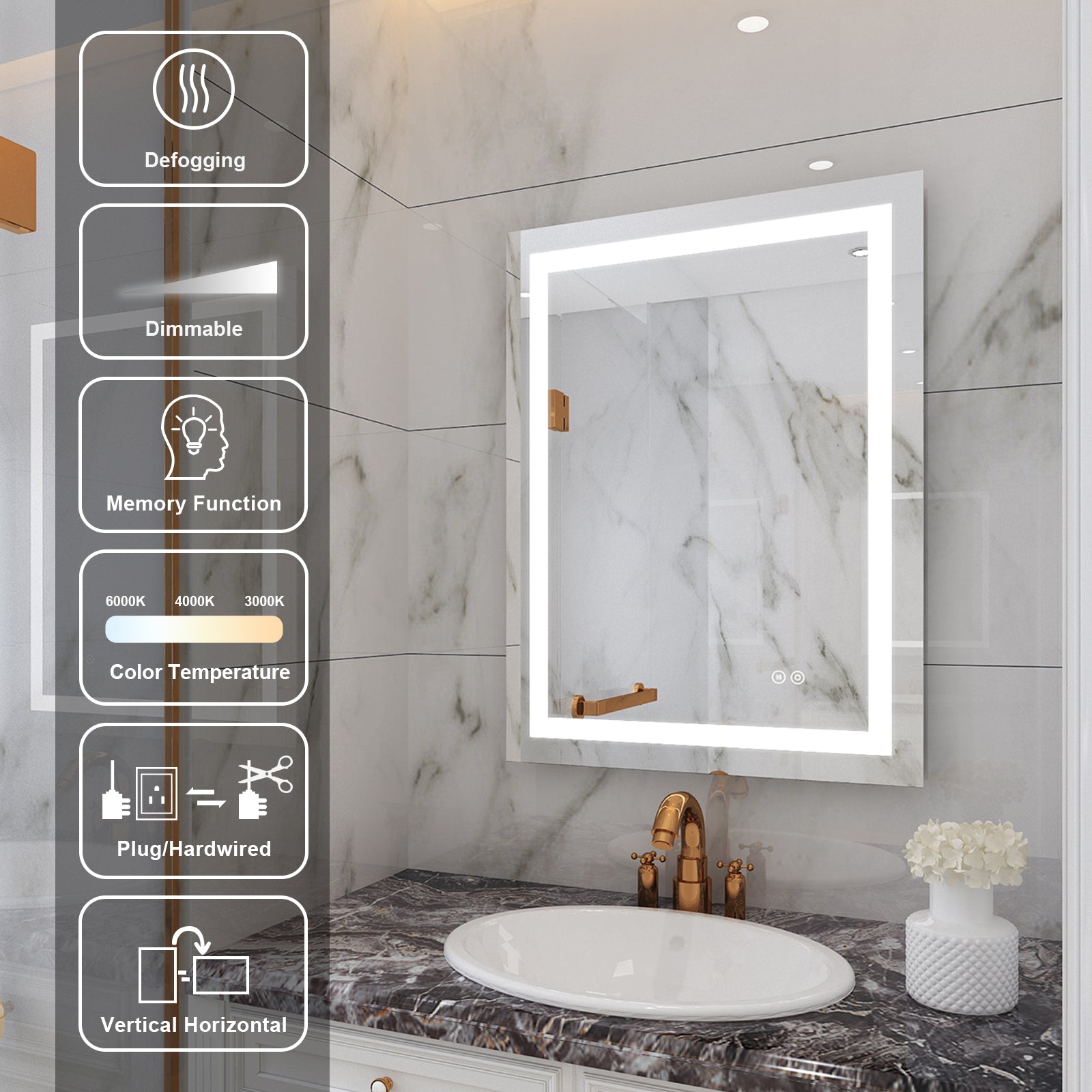 24 in. W x 32 in. H Rectangular Frameless Anti-Fog Vanity Mirror with Lights in Aluminum