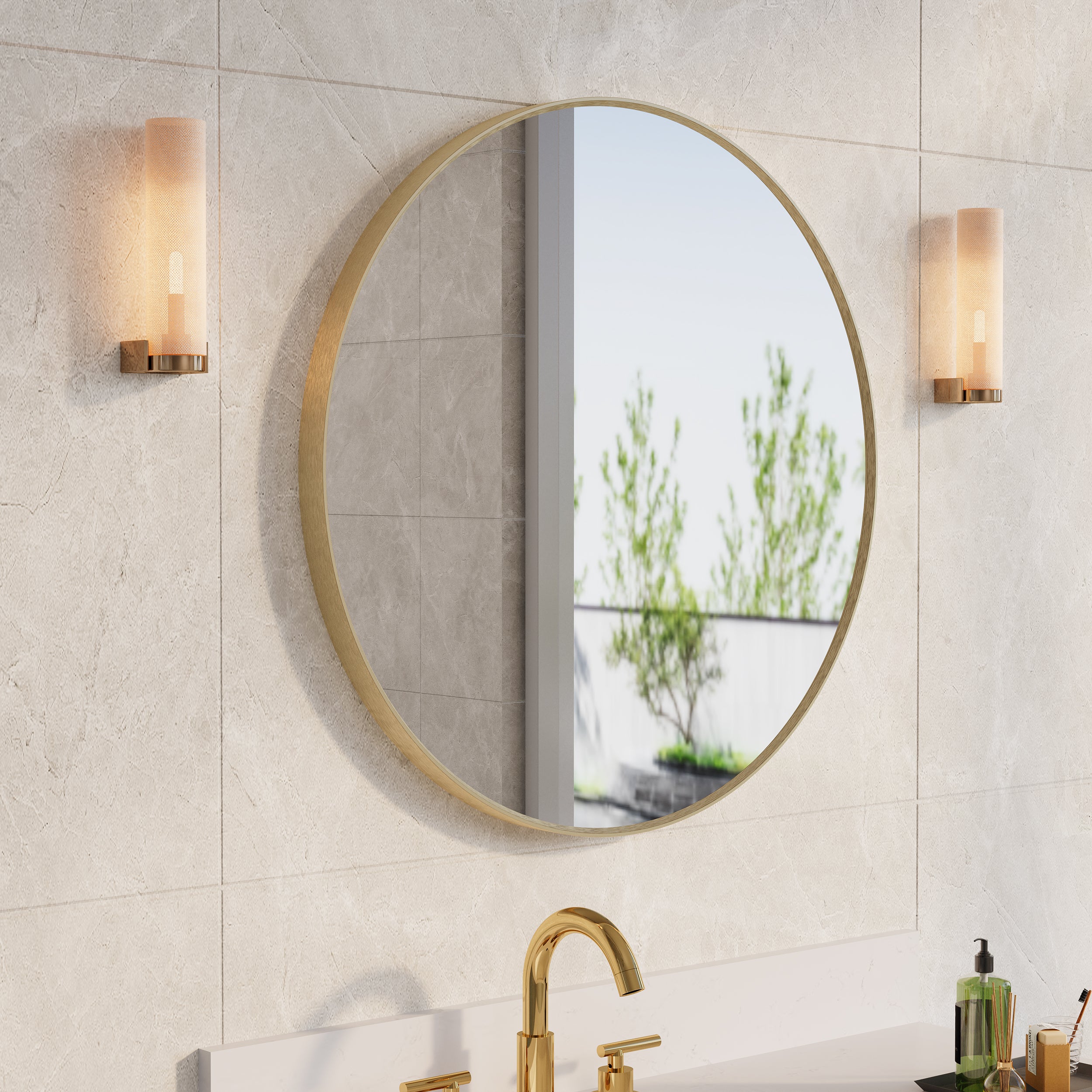 28 in. W x 28 in. H Modern Bathroom Mirror Round Framed Aluminum Wall Mirror Brushed Gold