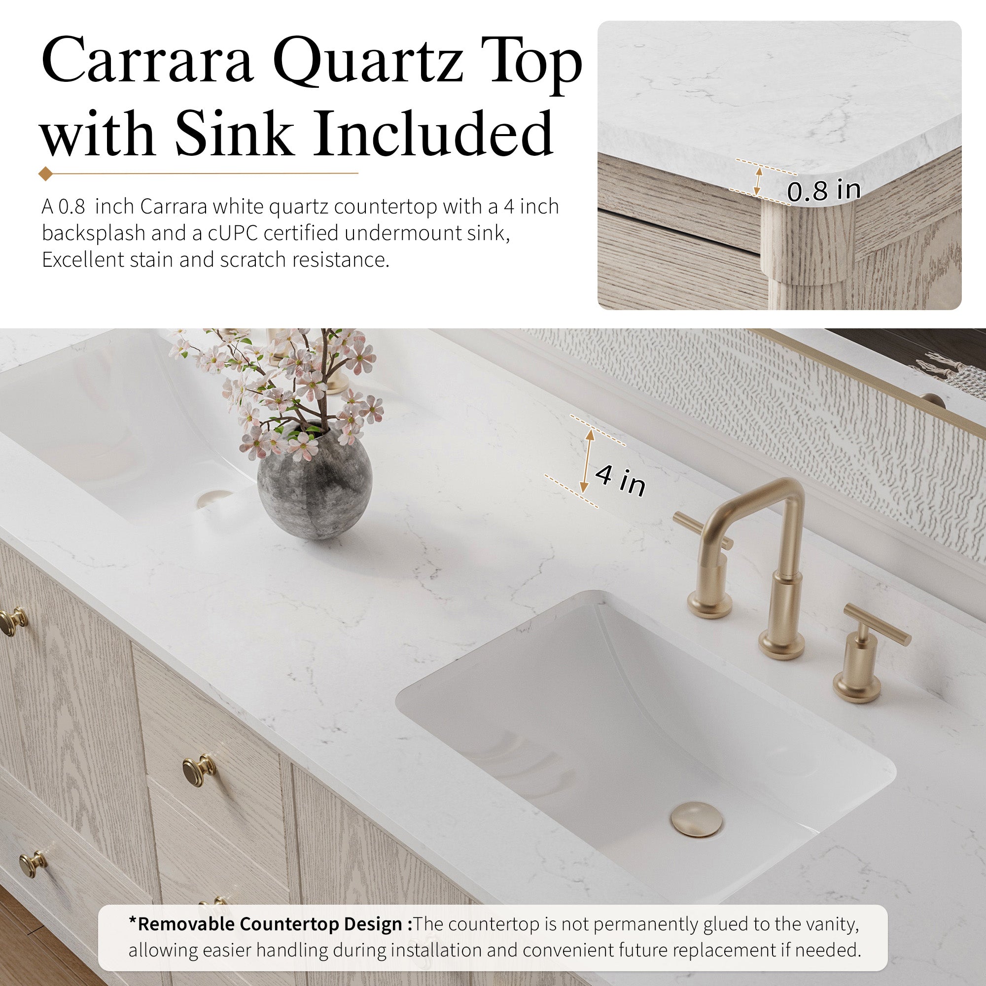 84 Inch Solid Wood Bathroom Vanity with Carrara Quartz Top, 4 Soft-Close Doors & 11 Drawers