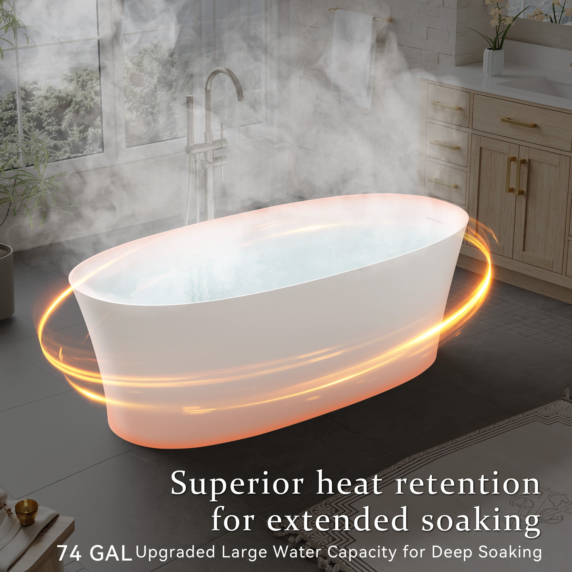 67" Matte White Freestanding Solid Surface Bathtub with Overflow and Drain, 74 Gallons
