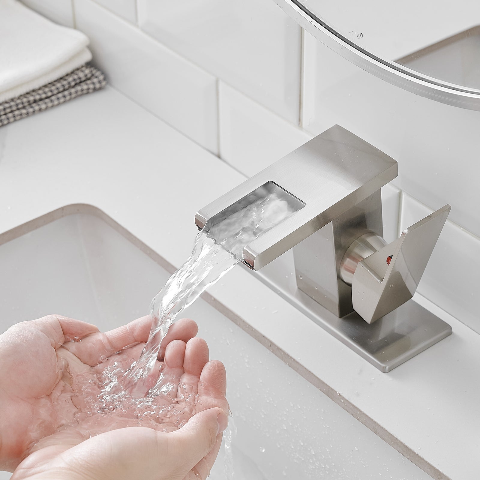 Single Handle LED Waterfall Bathroom Sink Faucet with Deck Plate, Temperature-Sensitive 3-Color Light