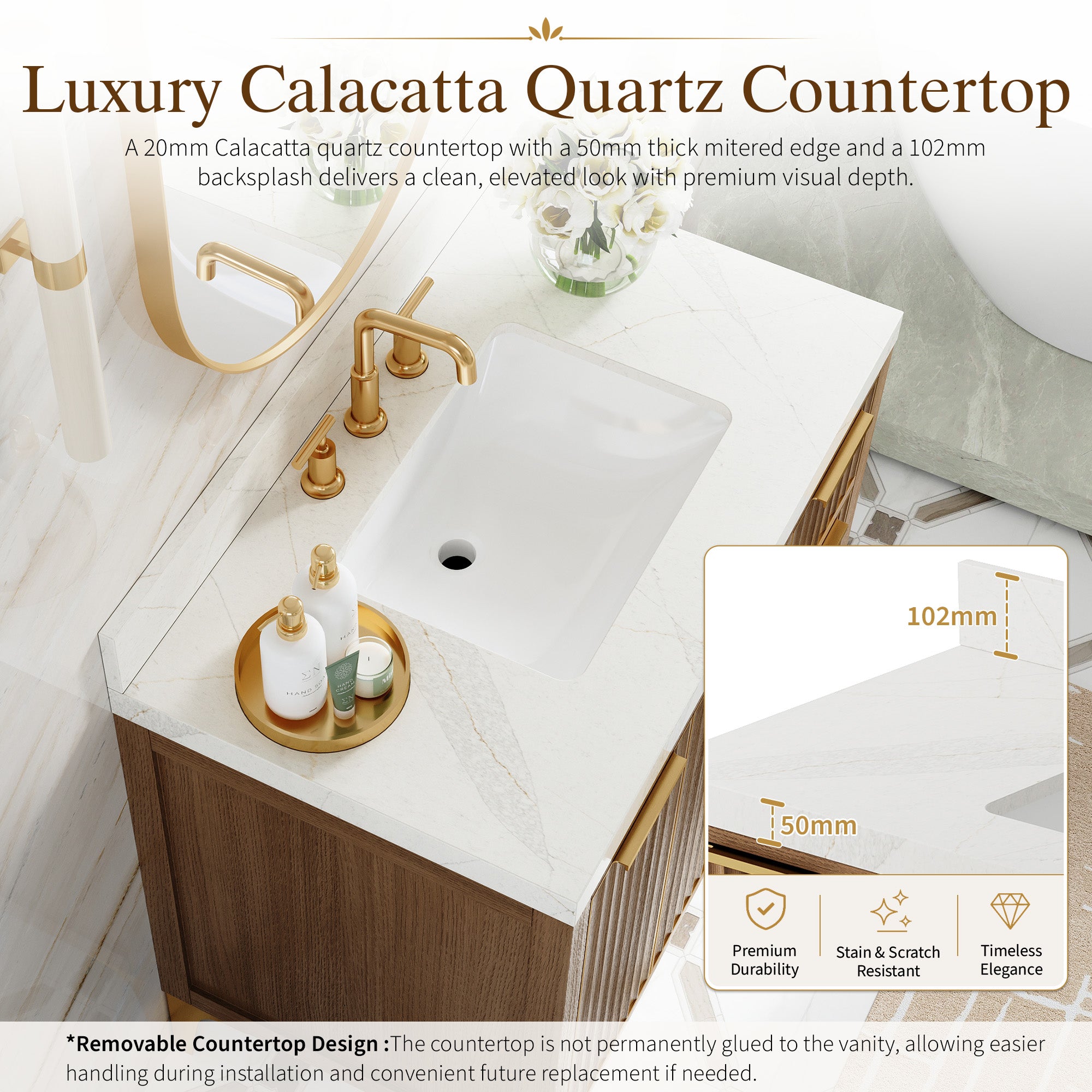 36 Inch Luxury Solid Oak Bathroom Vanity with Calacatta Quartz Countertop & 3 Dovetail Drawers and 2 Soft-close Doors