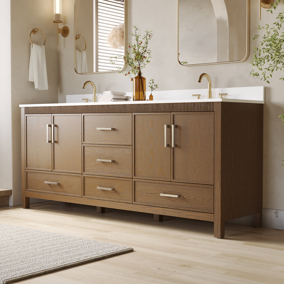 80 Inch Freestanding Solid Wood Bathroom Vanity with Pure White Quartz Countertop, 4 Soft-Close Doors & 5 Dovetail Drawers, Walnut