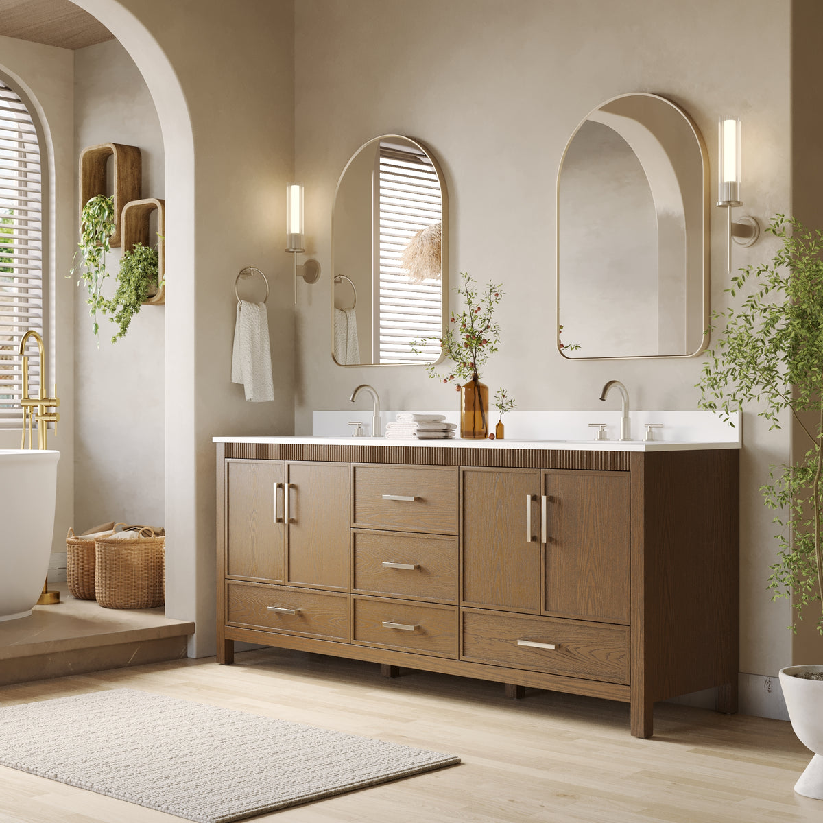 80 Inch Freestanding Solid Wood Bathroom Vanity with Pure White Quartz Countertop, 4 Soft-Close Doors & 5 Dovetail Drawers, Walnut