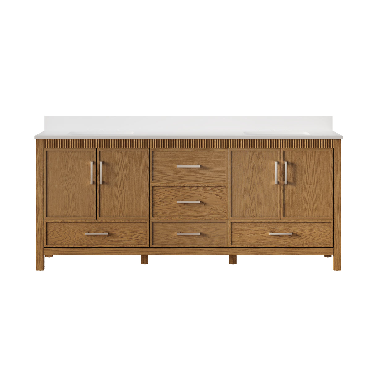 80 Inch Freestanding Solid Wood Bathroom Vanity with Pure White Quartz Countertop, 4 Soft-Close Doors & 5 Dovetail Drawers, Walnut