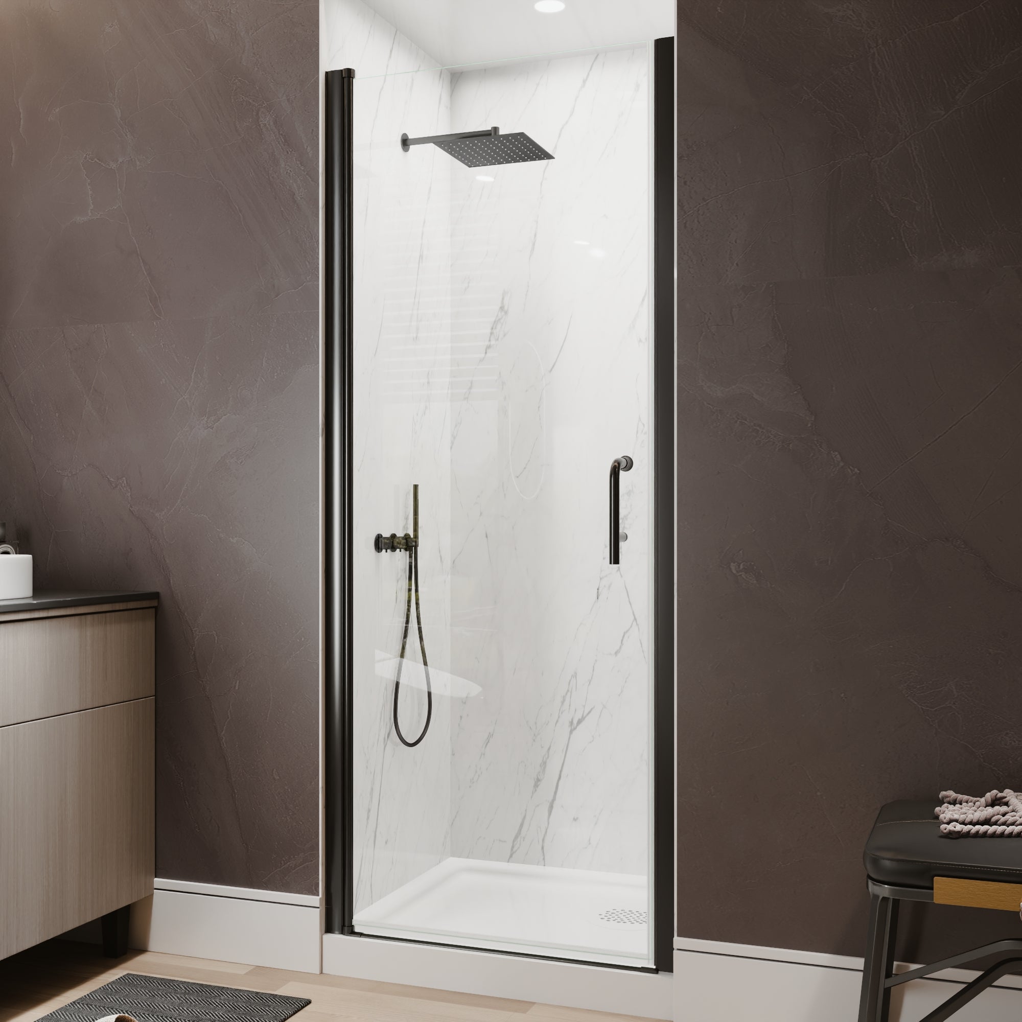 30-32 in. W x 72 in. H Semi-Frameless Pivot Shower Door with 1/4 in SGCC Tempered Glass, Reversible Installation, Matte Black