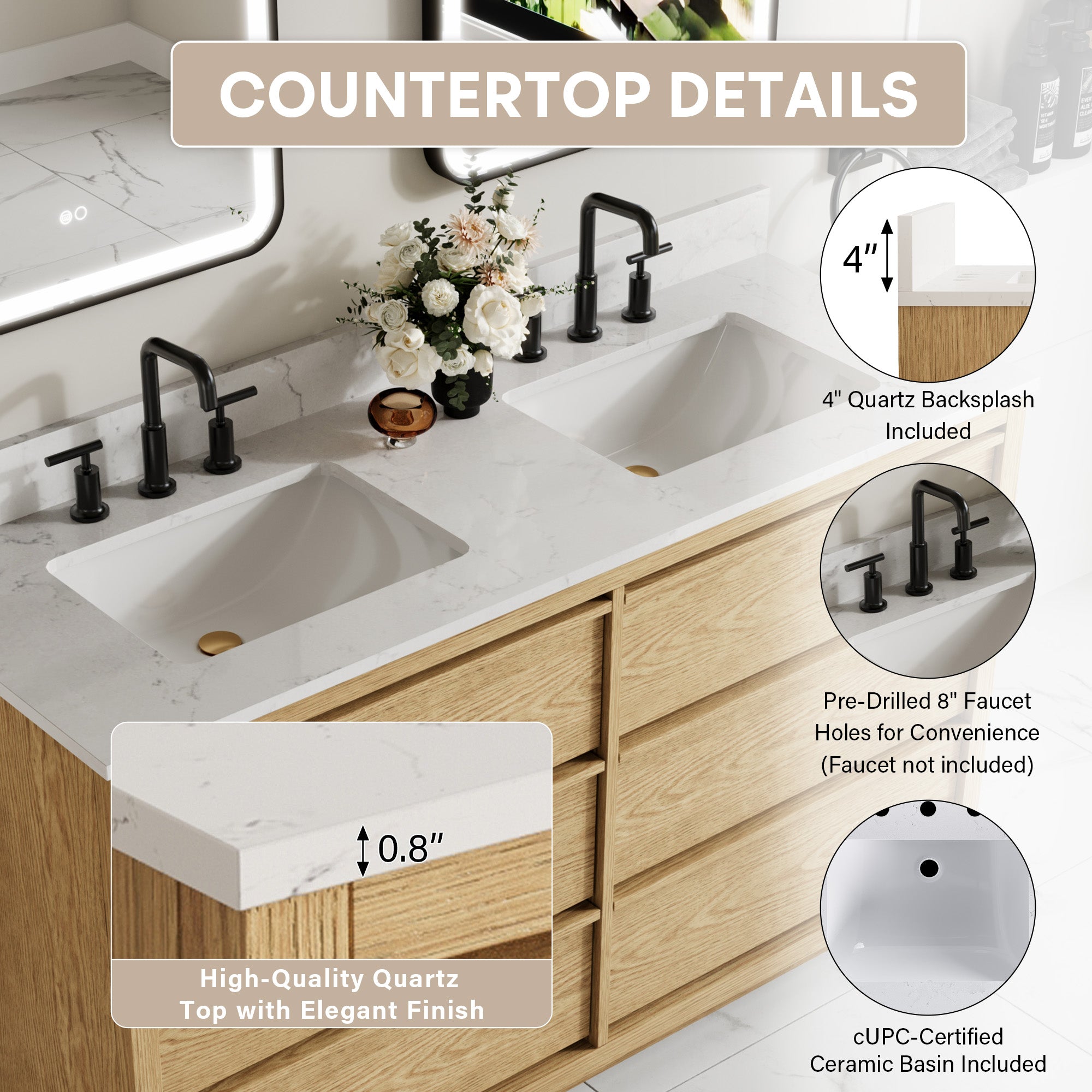 60 Inch Oak Soild Wood Bathroom Vanity with Double Undermount Sinks, 6 Dovetail-constructed Drawers