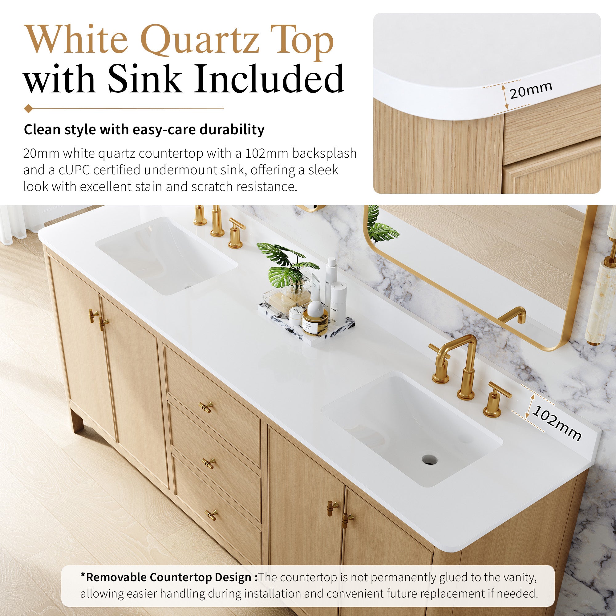80 Inch Solid Wood Oak Bathroom Vanity with White Quartz Countertop & Sink – 3 Dovetail Soft-Close Drawers