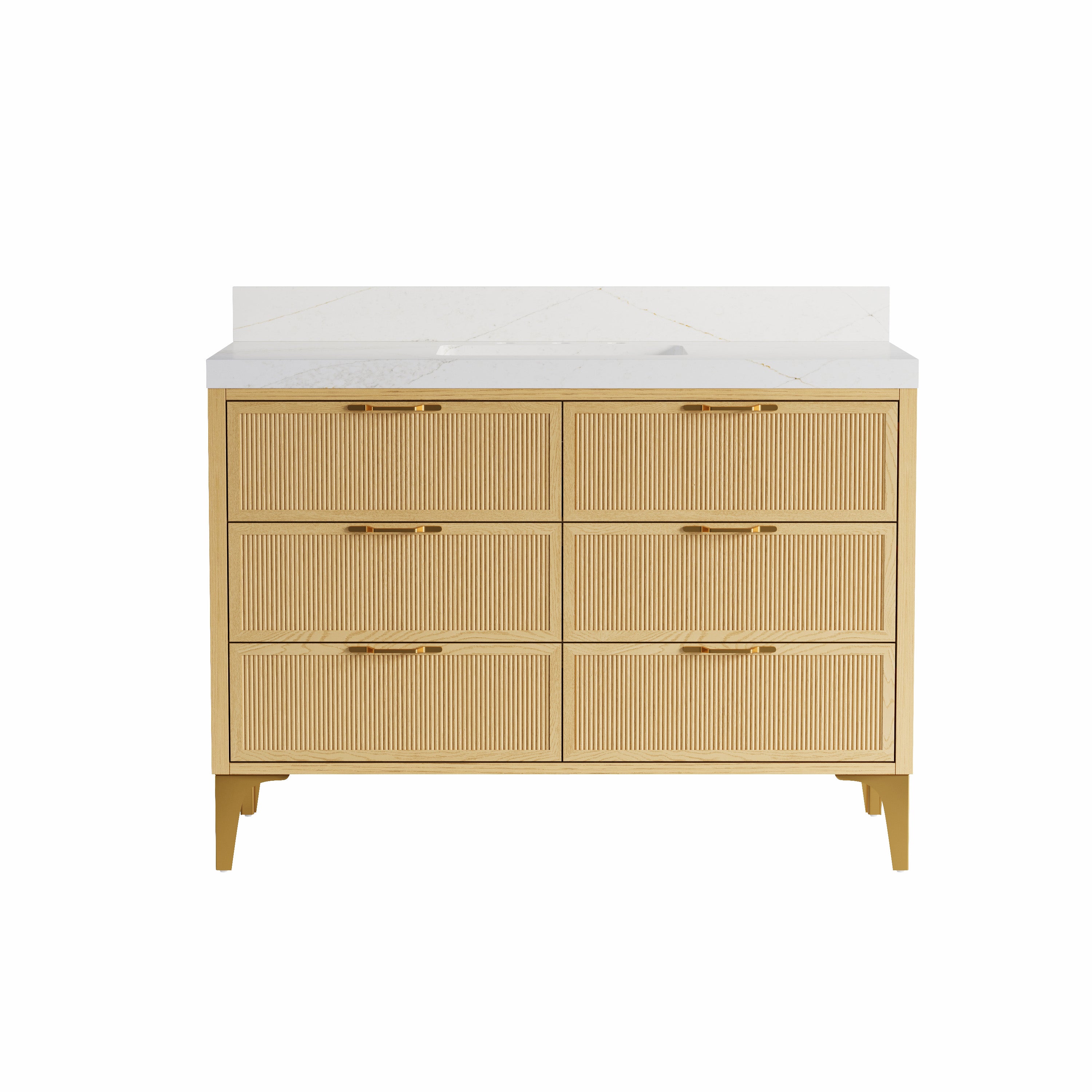 48 Inch Modern Solid Oak Bathroom Vanity with Calacatta Quartz Countertop, 6 Fluted Drawers & Brushed Gold Legs