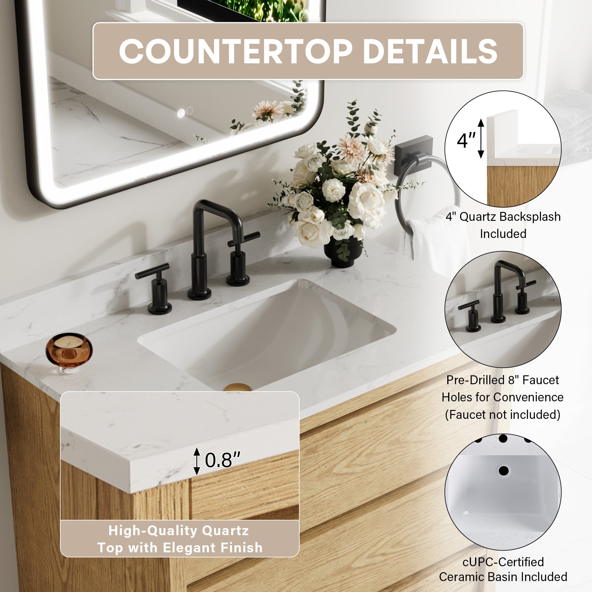 36 Inch Oak Soild Wood Bathroom Vanity with Single Undermount Sink, 3 Dovetail-constructed Drawers