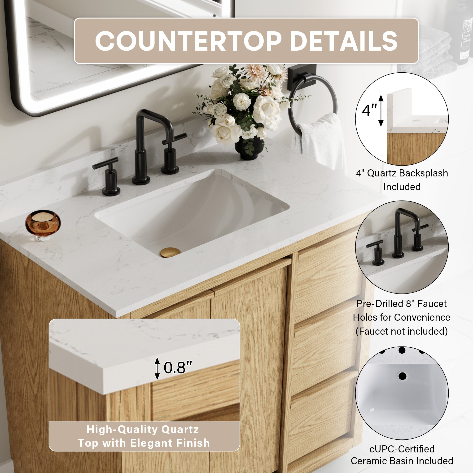 36 Inch Oak Soild Wood Bathroom Vanity with Sink, 3 Dovetail-constructed Drawers and 2 Soft-close Doors