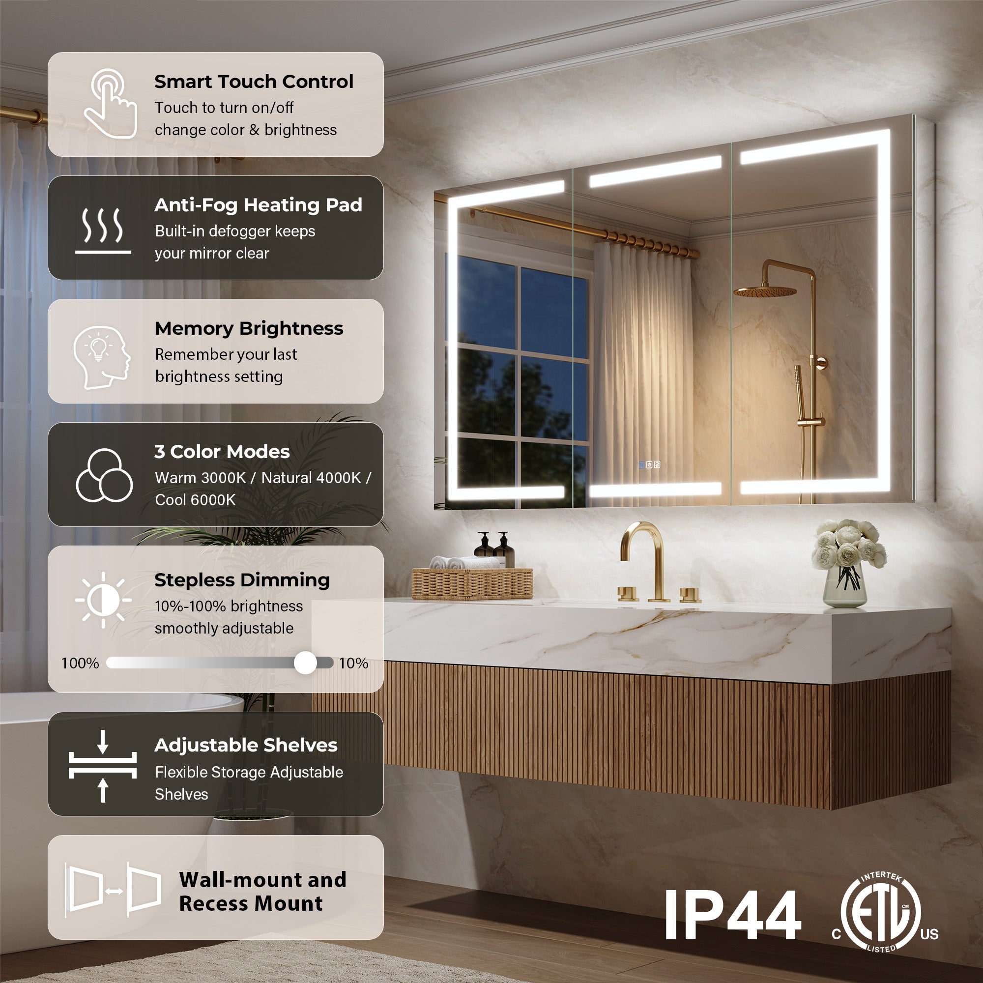 60 in. x 36 in. Aluminum LED Bathroom Medicine Cabinet with Anti-Fog, Dimmable Lighting, Outlet, Surface or Recessed Mount