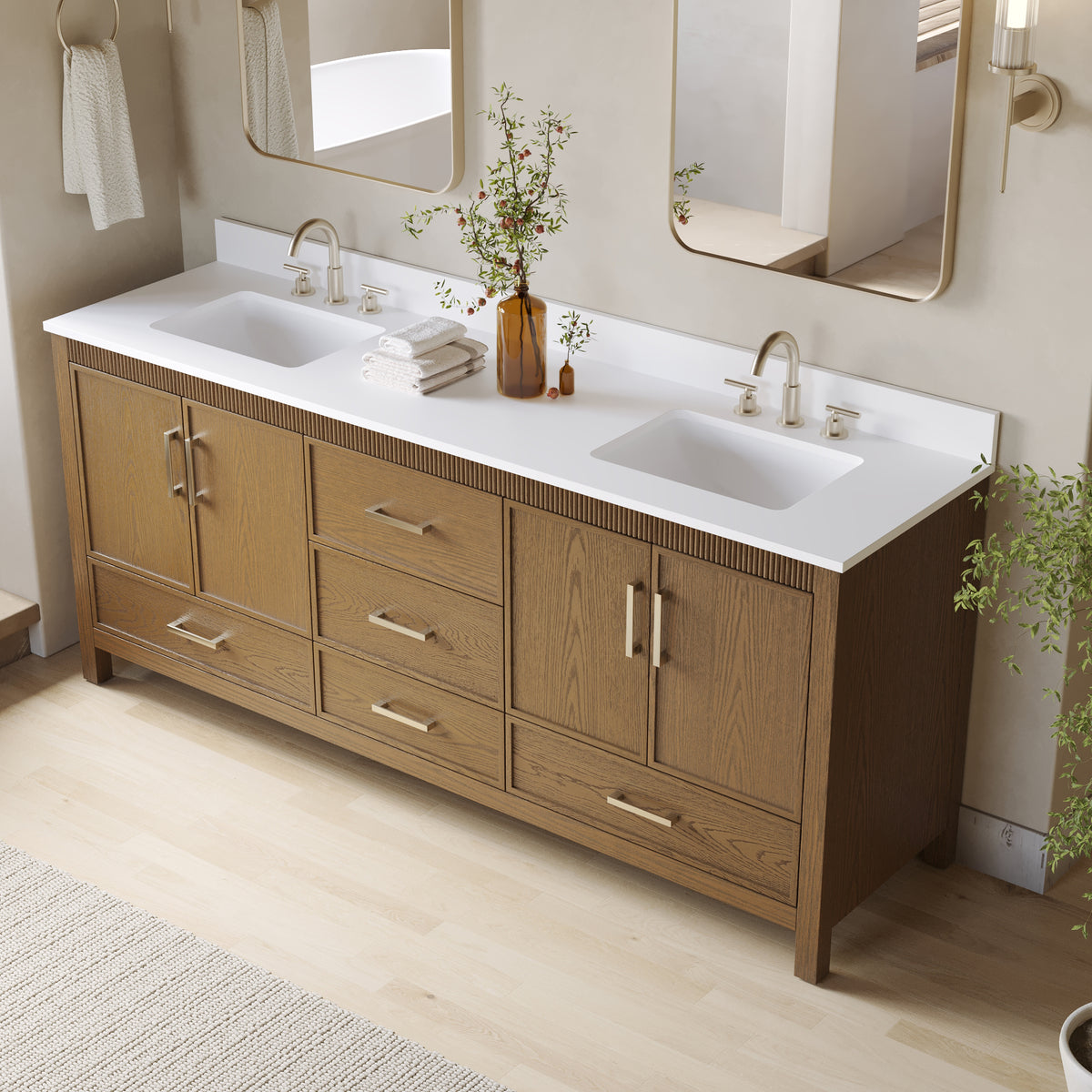80 Inch Freestanding Solid Wood Bathroom Vanity with Pure White Quartz Countertop, 4 Soft-Close Doors & 5 Dovetail Drawers, Walnut