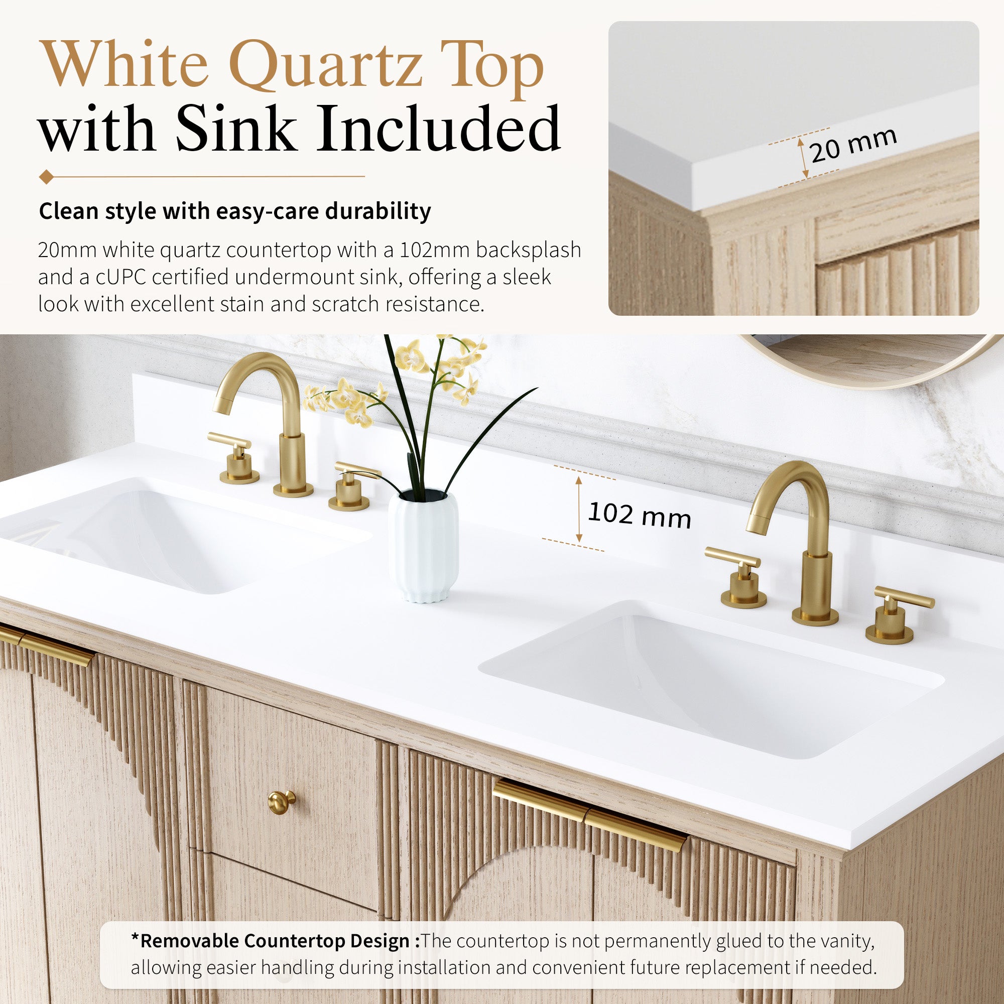 60 Inch Modern Light Oak Solid Wood Bathroom Vanity with White Quartz Countertop & 3 Soft-Close Drawers