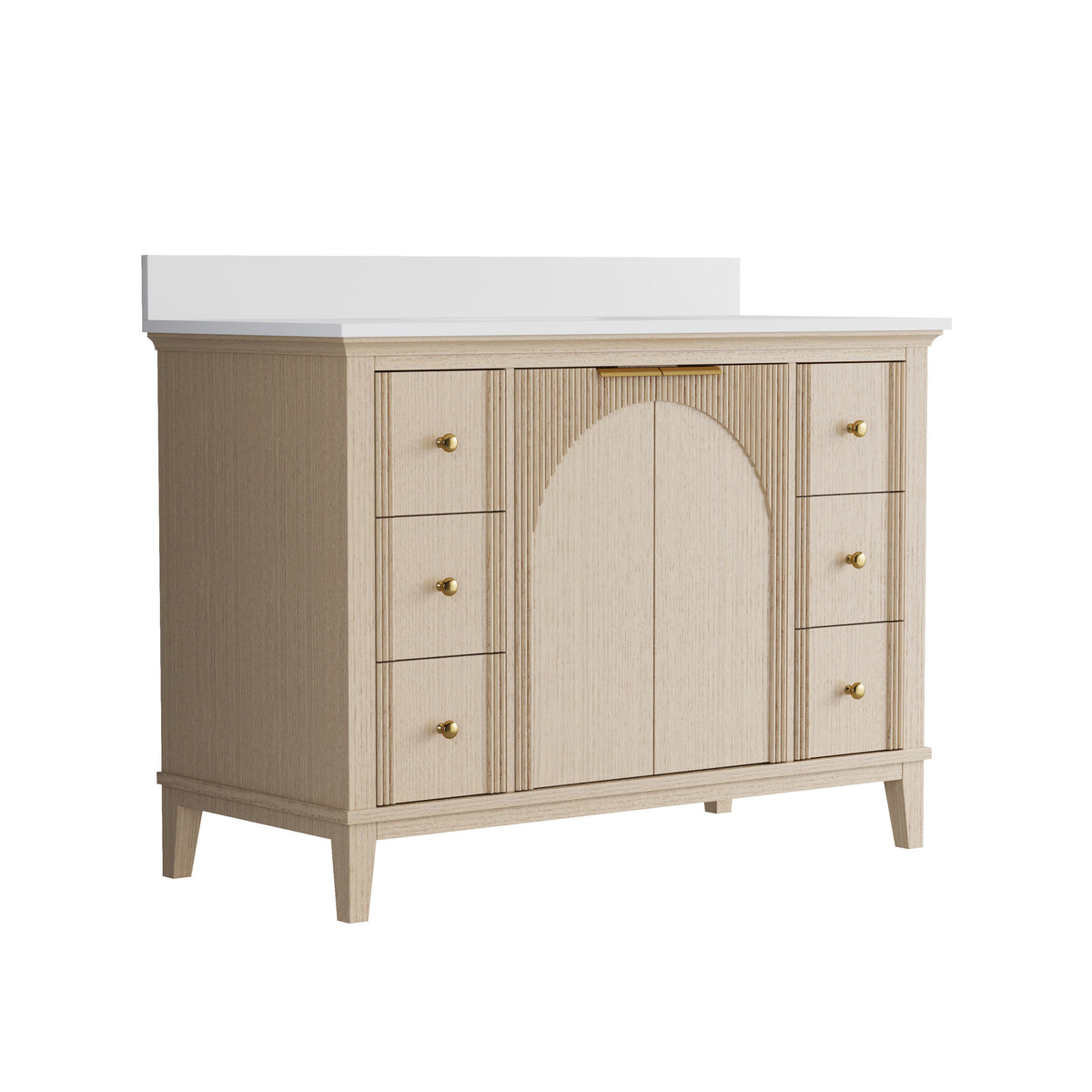 48 Inch Modern Light Oak Solid Wood Bathroom Vanity with White Quartz Countertop & Soft-Close Drawers