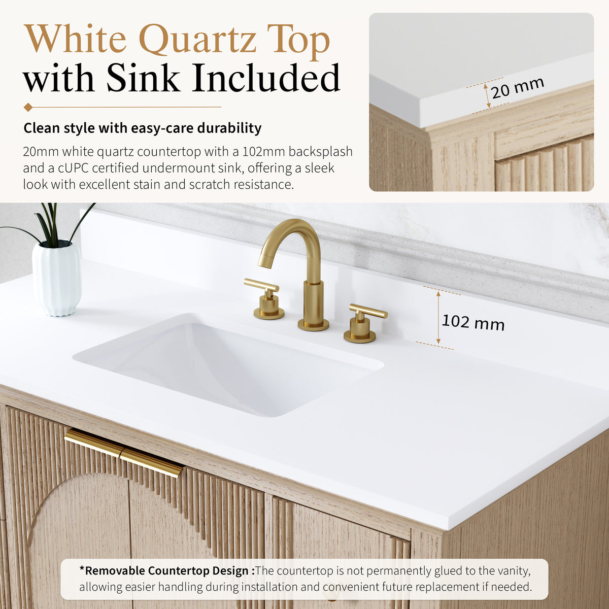 48 Inch Modern Light Oak Solid Wood Bathroom Vanity with White Quartz Countertop & Soft-Close Drawers