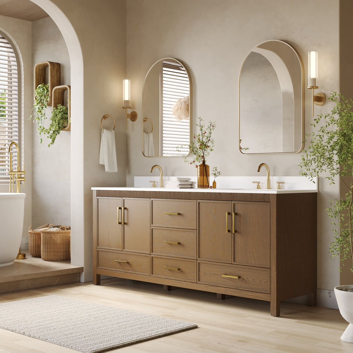 80 Inch Freestanding Solid Wood Bathroom Vanity with Pure White Quartz Countertop, 4 Soft-Close Doors & 5 Dovetail Drawers, Walnut