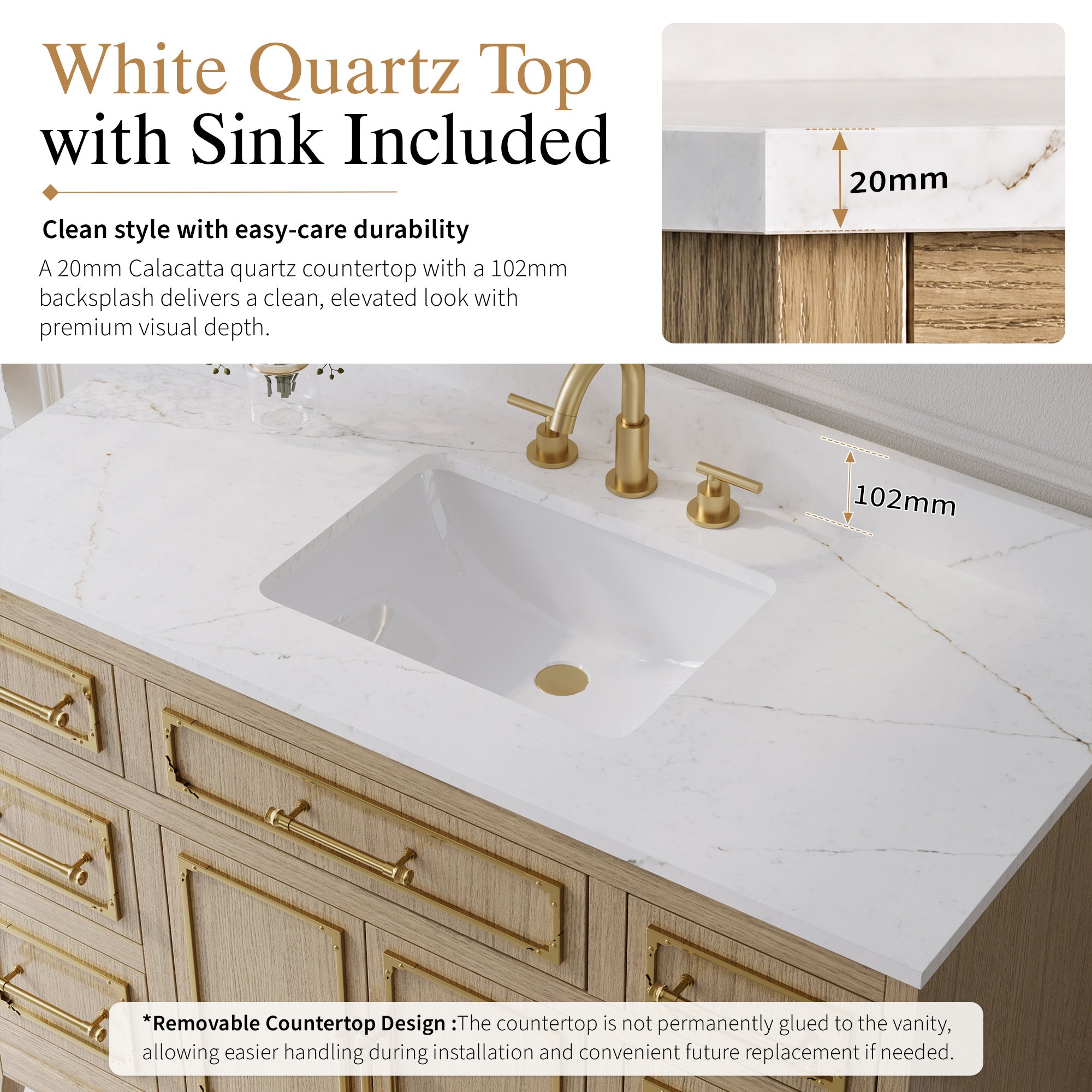 48 Inch Luxury Solid Oak Bathroom Vanity with Calacatta Quartz Countertop & Sink, 6 Soft-Close Drawers and 1 Flip Drawer
