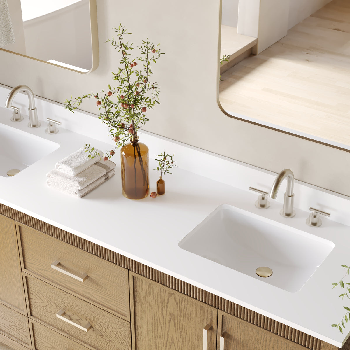 80 Inch Freestanding Solid Wood Bathroom Vanity with Pure White Quartz Countertop, 4 Soft-Close Doors & 5 Dovetail Drawers, Walnut