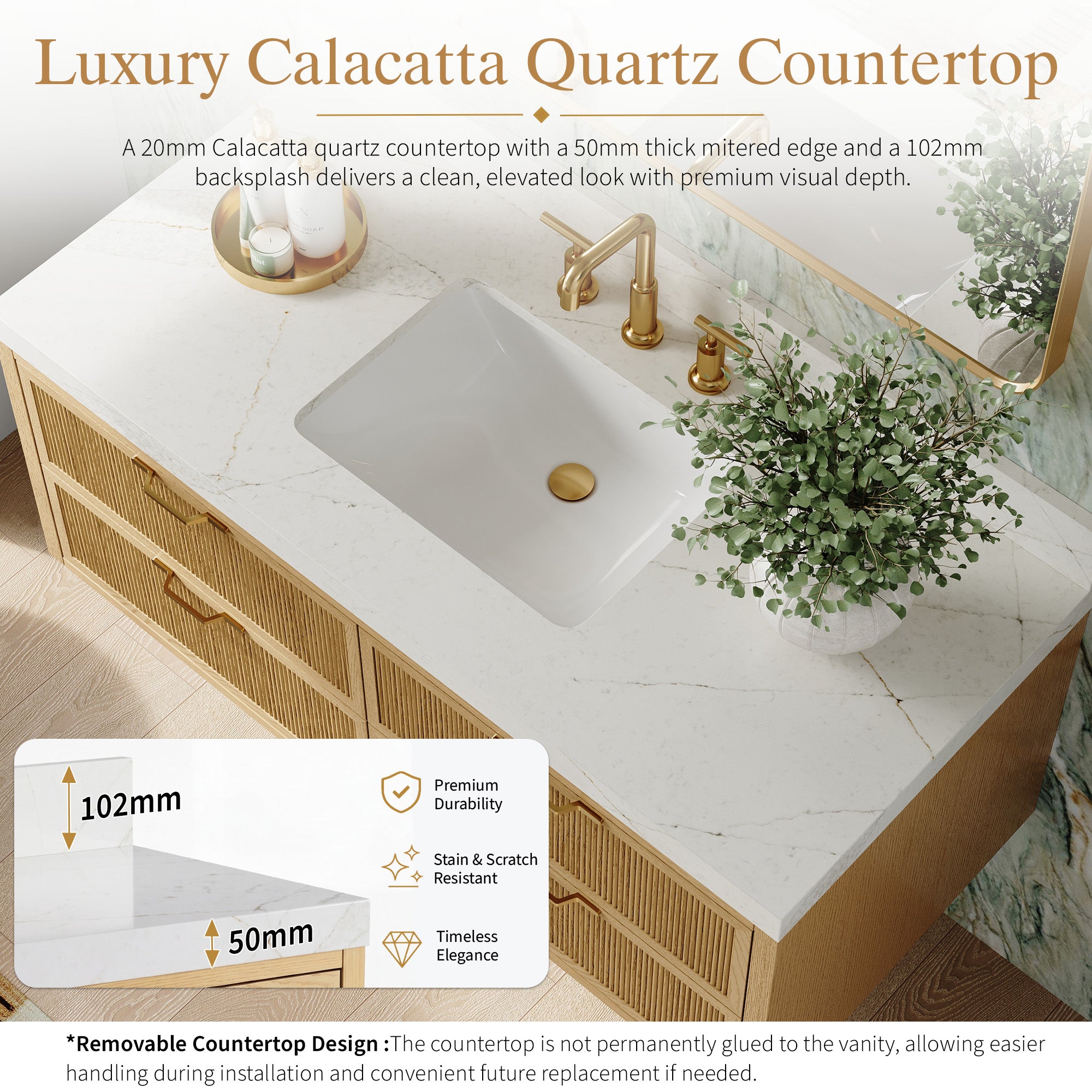 48-Inch Solid Oak Floating Bathroom Vanity with Calacatta Quartz Countertop, 4 Soft-Close Fluted Drawers