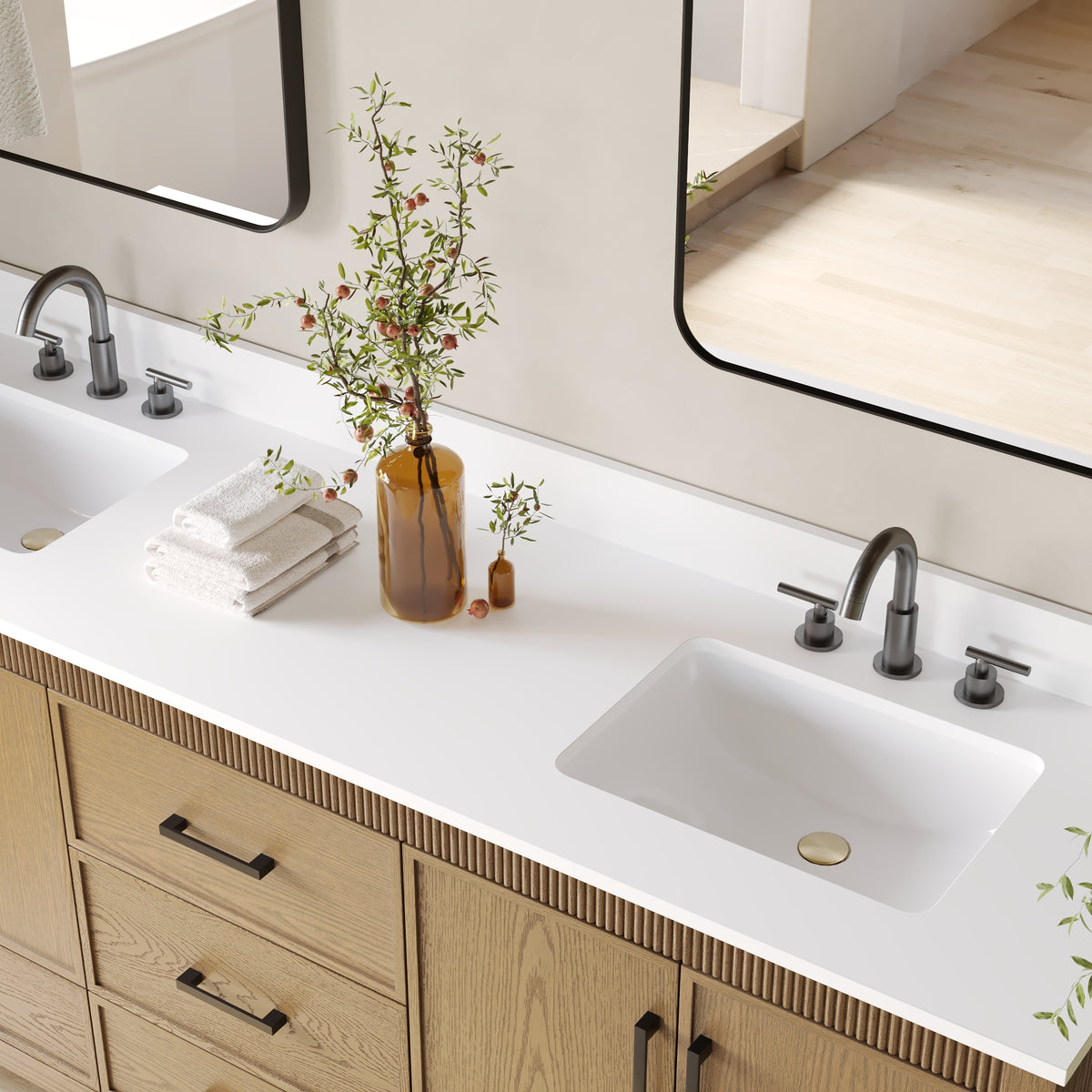 80 Inch Freestanding Solid Wood Bathroom Vanity with Pure White Quartz Countertop, 4 Soft-Close Doors & 5 Dovetail Drawers, Walnut