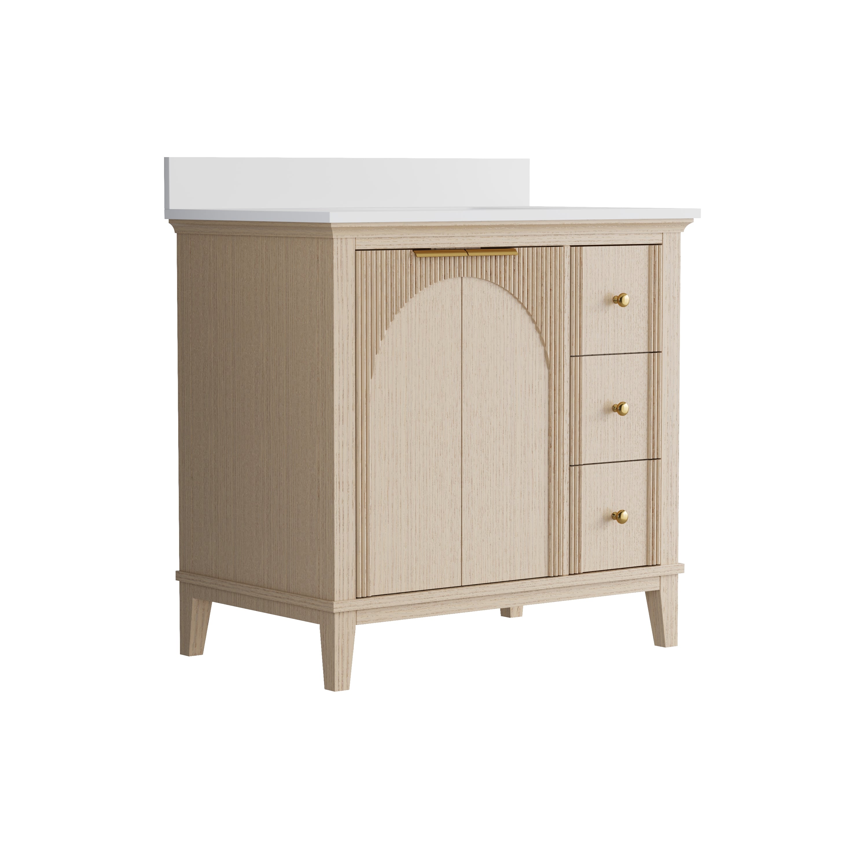 36 Inch Modern Light Oak Solid Wood Bathroom Vanity with White Quartz Countertop & Soft-Close Drawers