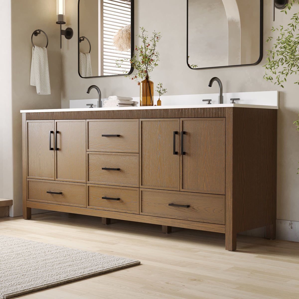 80 Inch Freestanding Solid Wood Bathroom Vanity with Pure White Quartz Countertop, 4 Soft-Close Doors & 5 Dovetail Drawers, Walnut