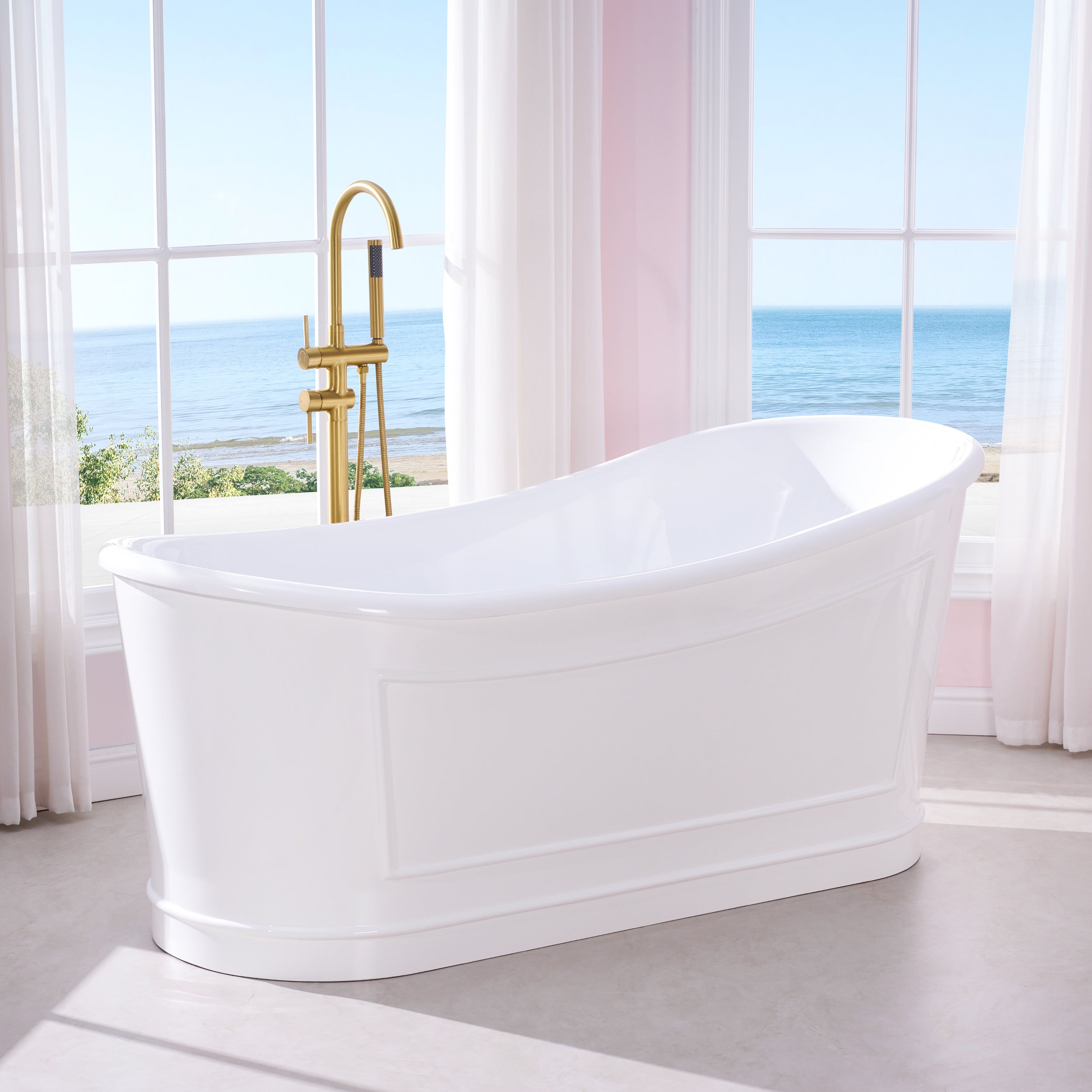 66" Glossy White Acrylic Freestanding Bathtub with Integrated Slotted Overflow