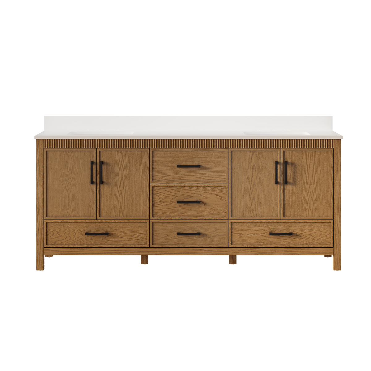 80 Inch Freestanding Solid Wood Bathroom Vanity with Pure White Quartz Countertop, 4 Soft-Close Doors & 5 Dovetail Drawers, Walnut