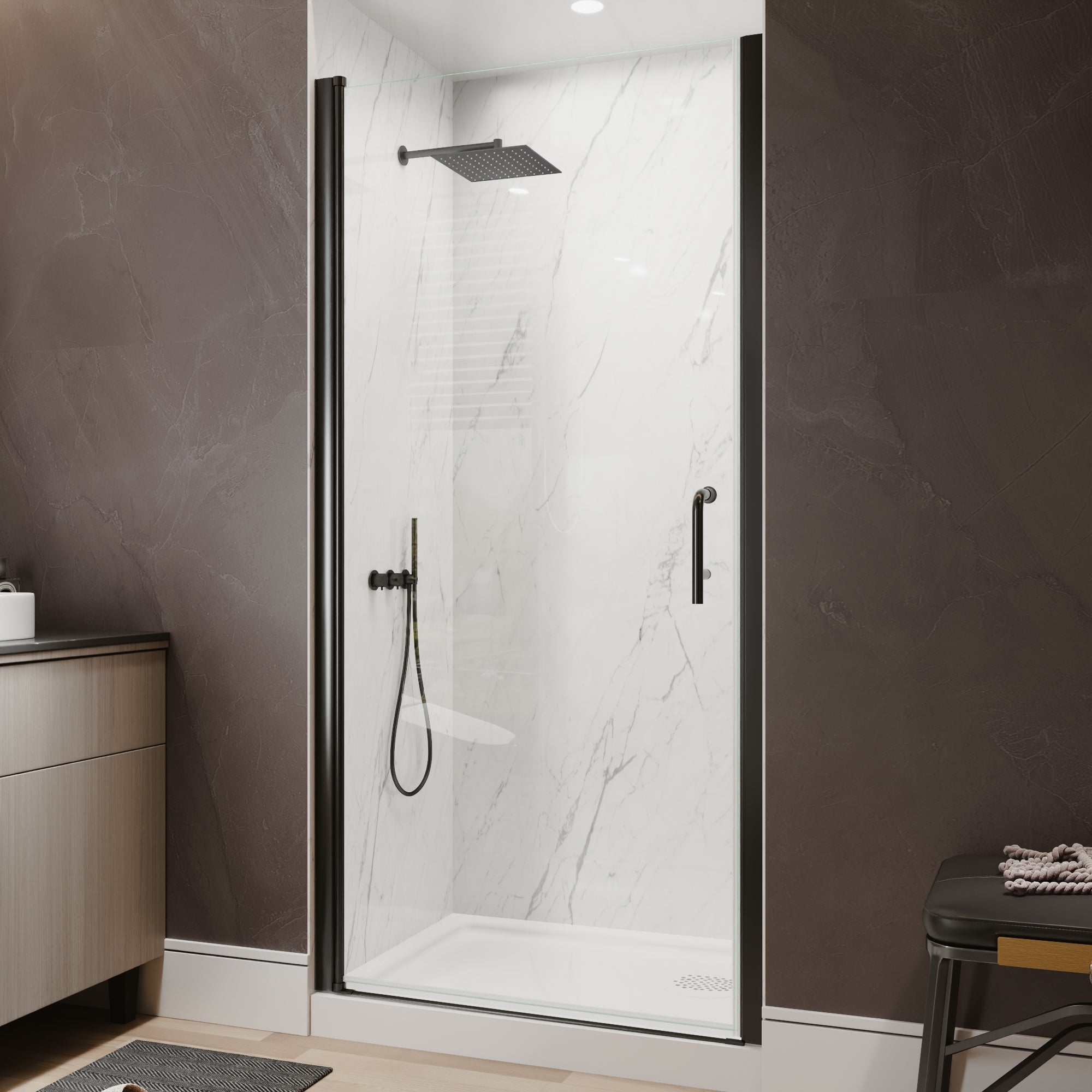 36-38 in. W x 72 in. H Matte Black Pivot Shower Door with 1/4 Inch Tempered Safety Clear Glass