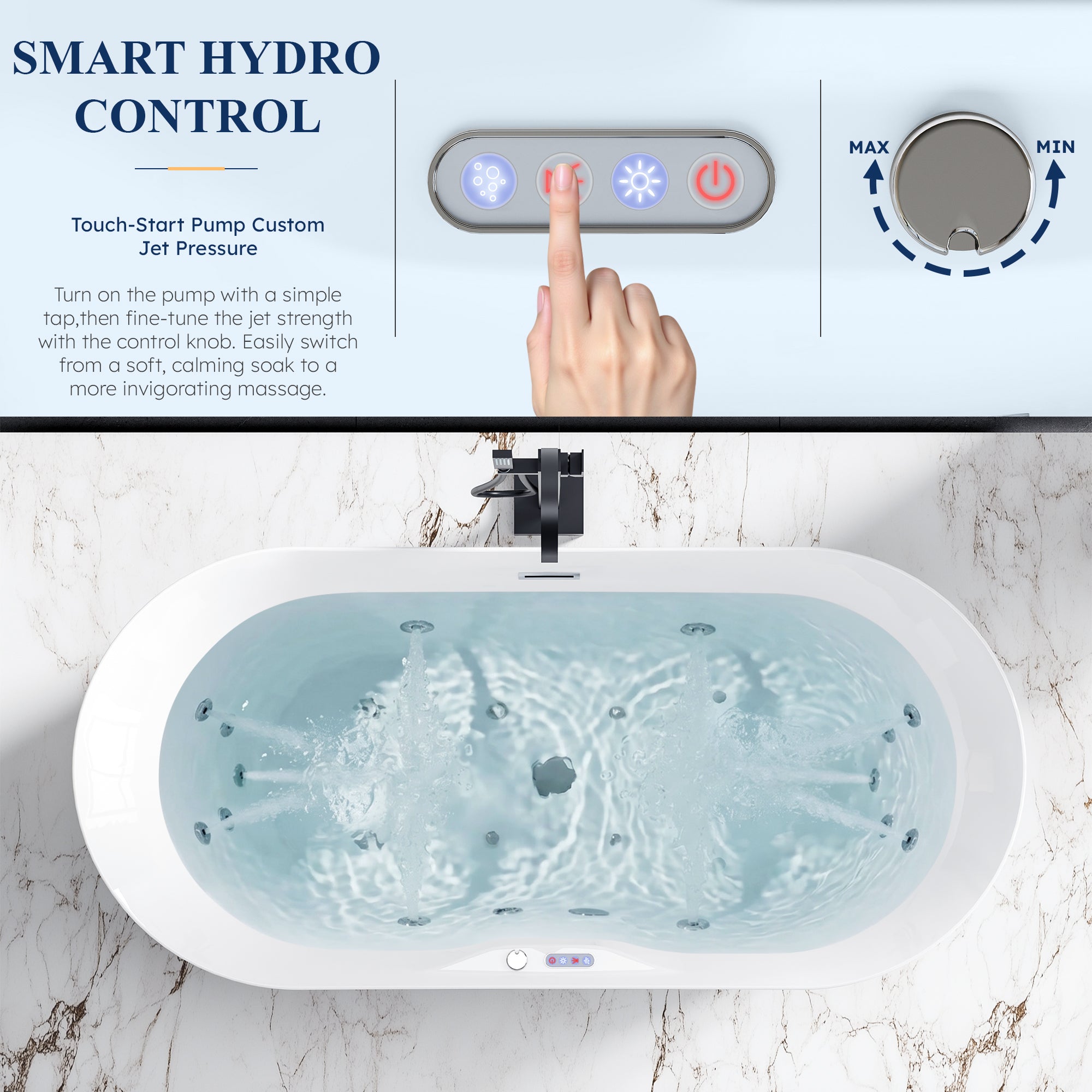 72 in. x 34 in. Acrylic Freestanding Whirlpool & Air Bubble Heated Bathtub with LED Control Panel, Water Jets, Drain & Overflow, Glossy White