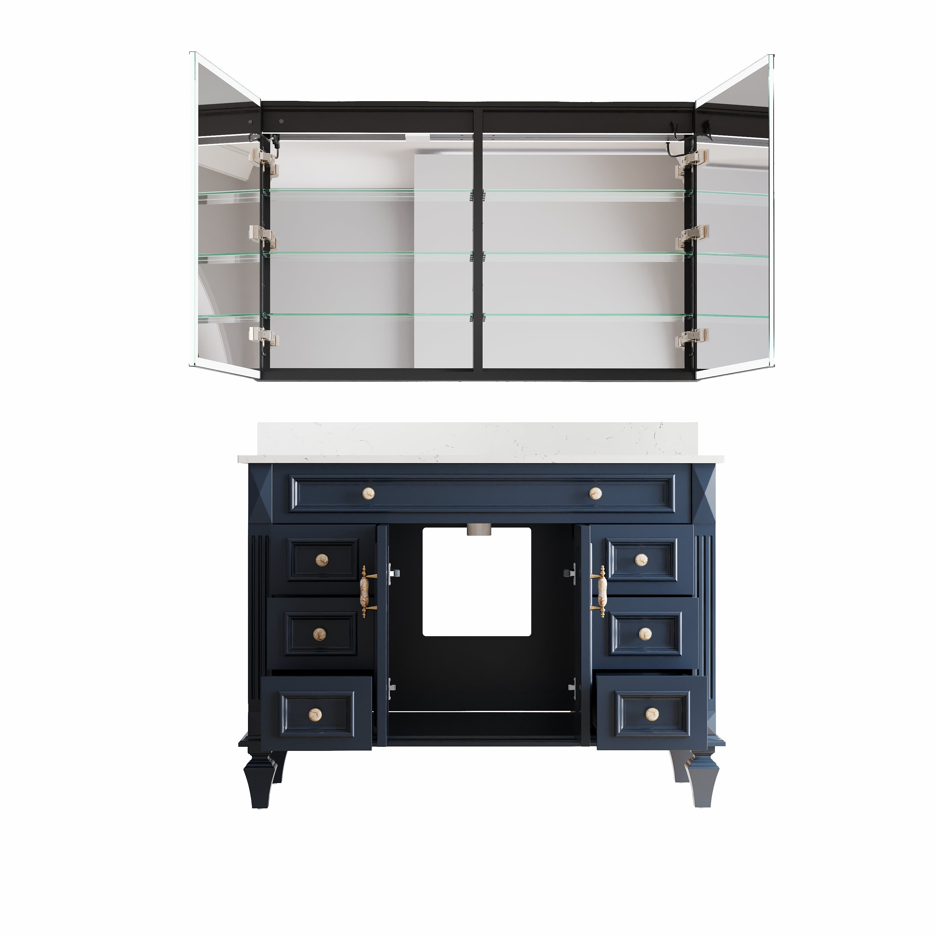 48" Navy Blue Solid Wood Bathroom Vanity & 48" LED Mirror Medicine Cabinet Combo