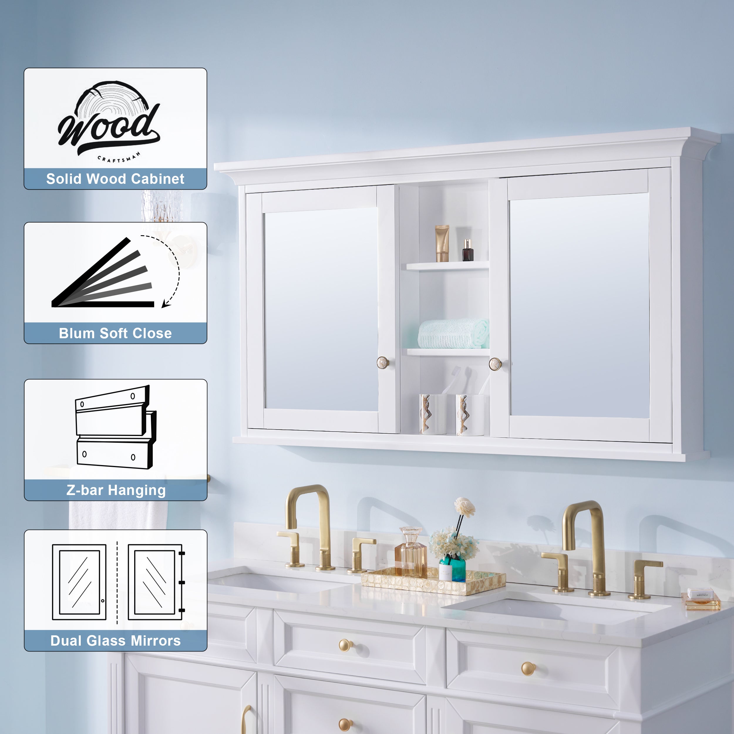 55 in.W x 30 in.H Surface-Mount Solid Wood Medicine Cabinet with Mirror, Z-bar Hangs Vertically