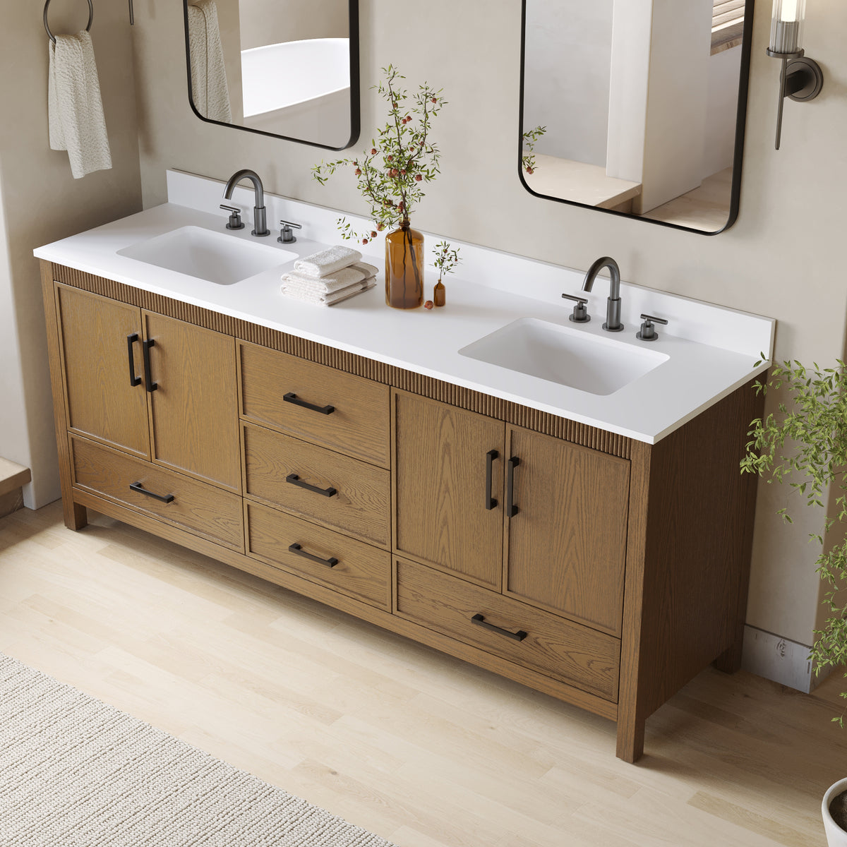 80 Inch Freestanding Solid Wood Bathroom Vanity with Pure White Quartz Countertop, 4 Soft-Close Doors & 5 Dovetail Drawers, Walnut