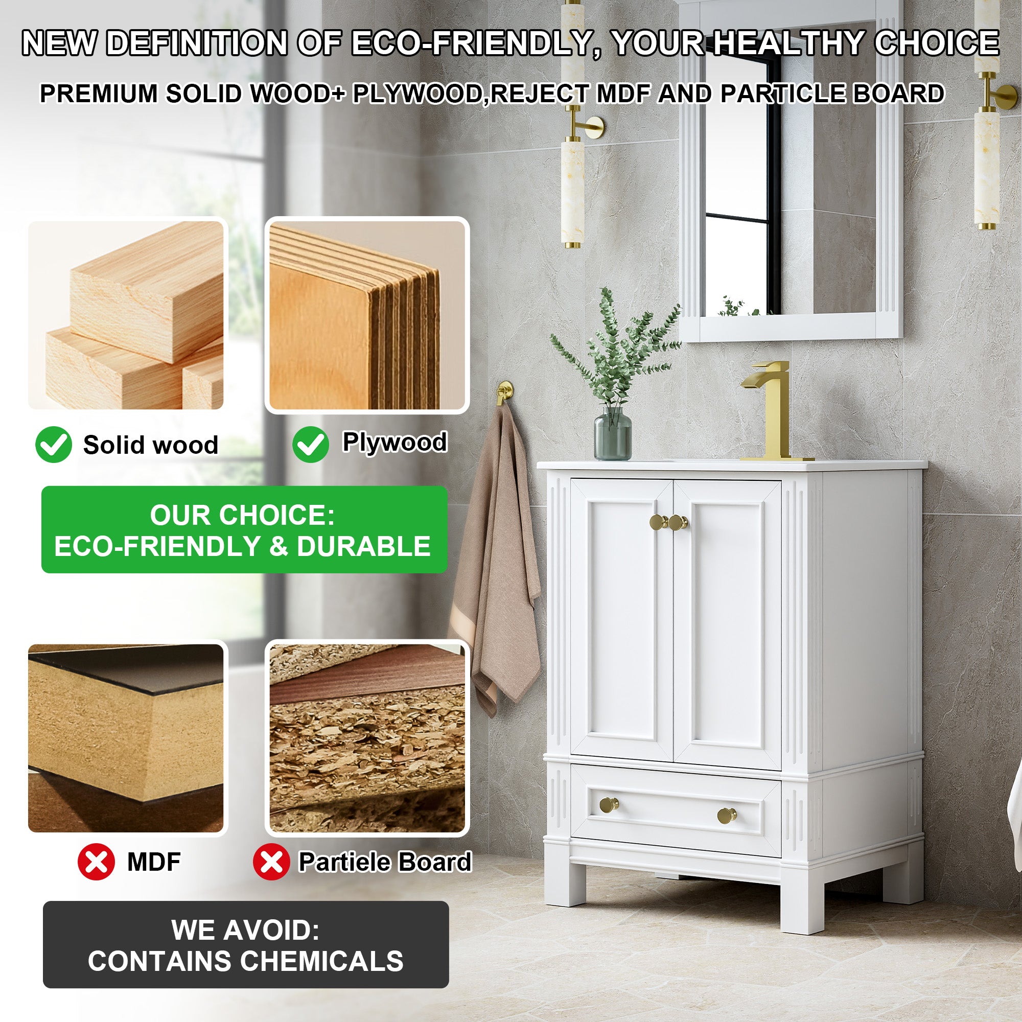 24 Inch Solid Wood Bathroom Vanity with cUPC Ceramic Basin, Soft-Close Doors and Brushed Gold Alloy Knobs