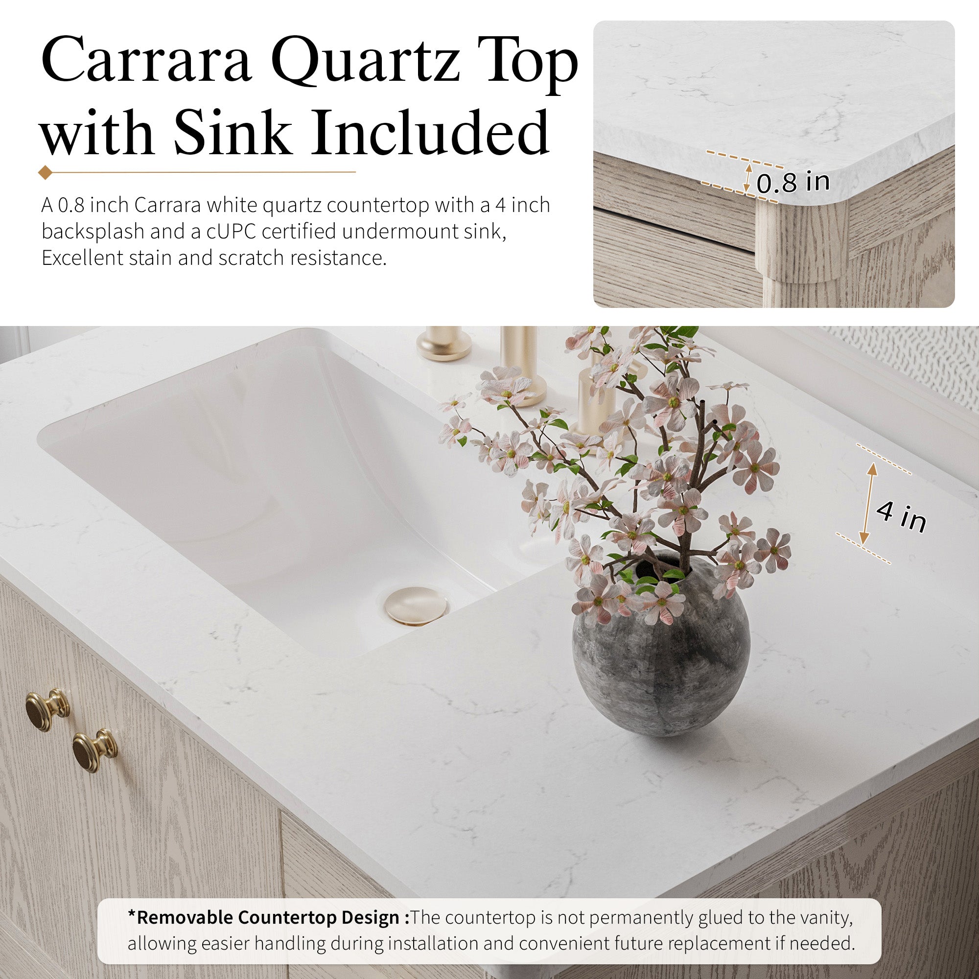 36-Inch Freestanding Oak Bathroom Vanity with Single Carrara White Quartz Top Sink