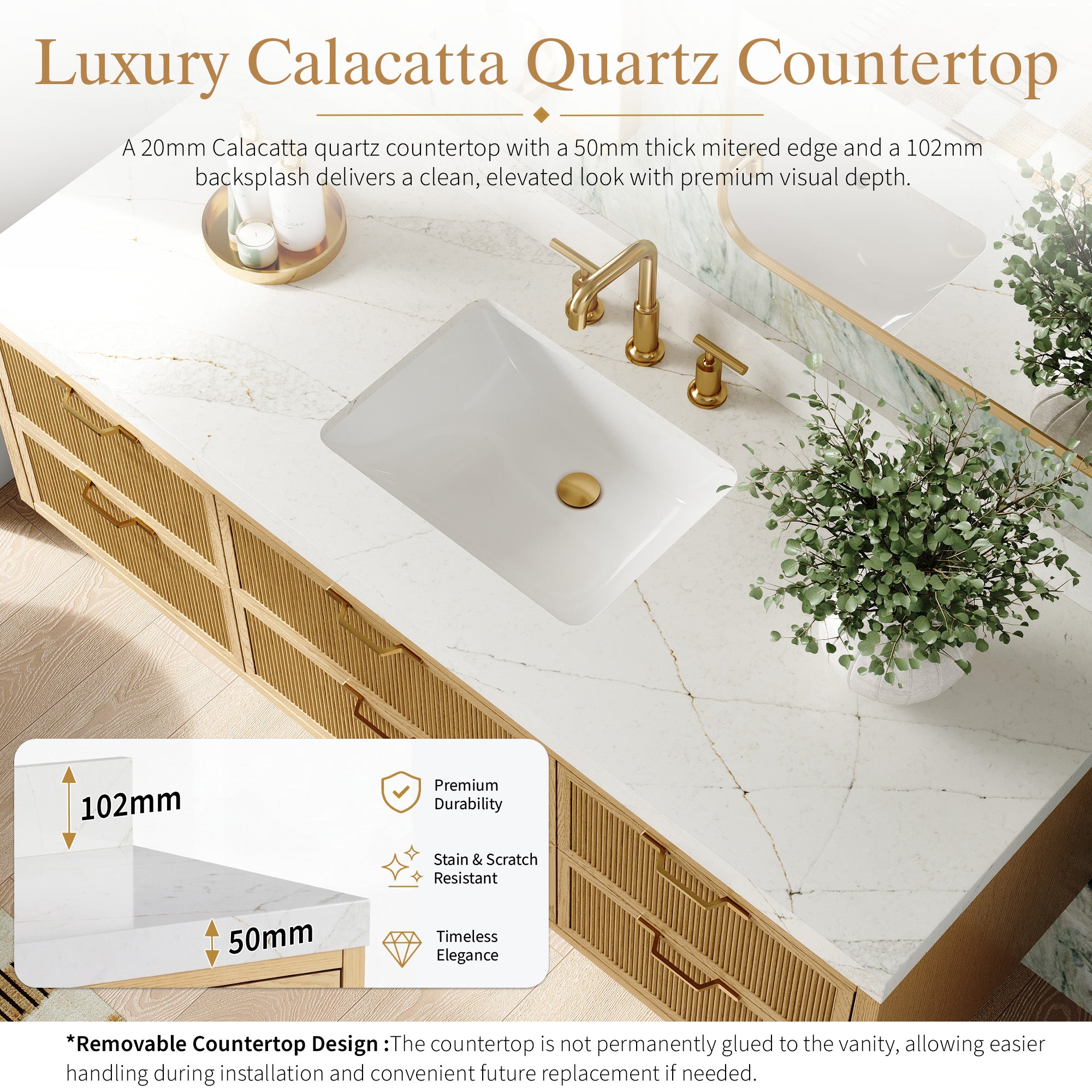 60-Inch Solid Oak Floating Bathroom Vanity with Calacatta Quartz Countertop, 6 Soft-Close Fluted Drawers