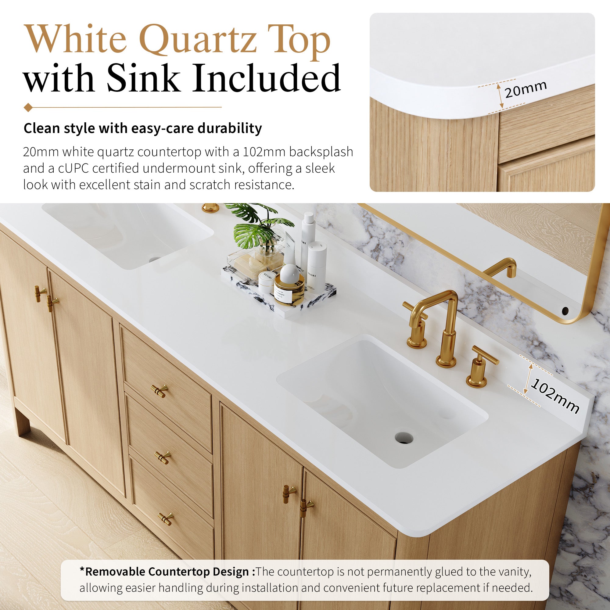 72 Inch Solid Wood Oak Bathroom Vanity with White Quartz Countertop & Sink – 3 Dovetail Soft-Close Drawers