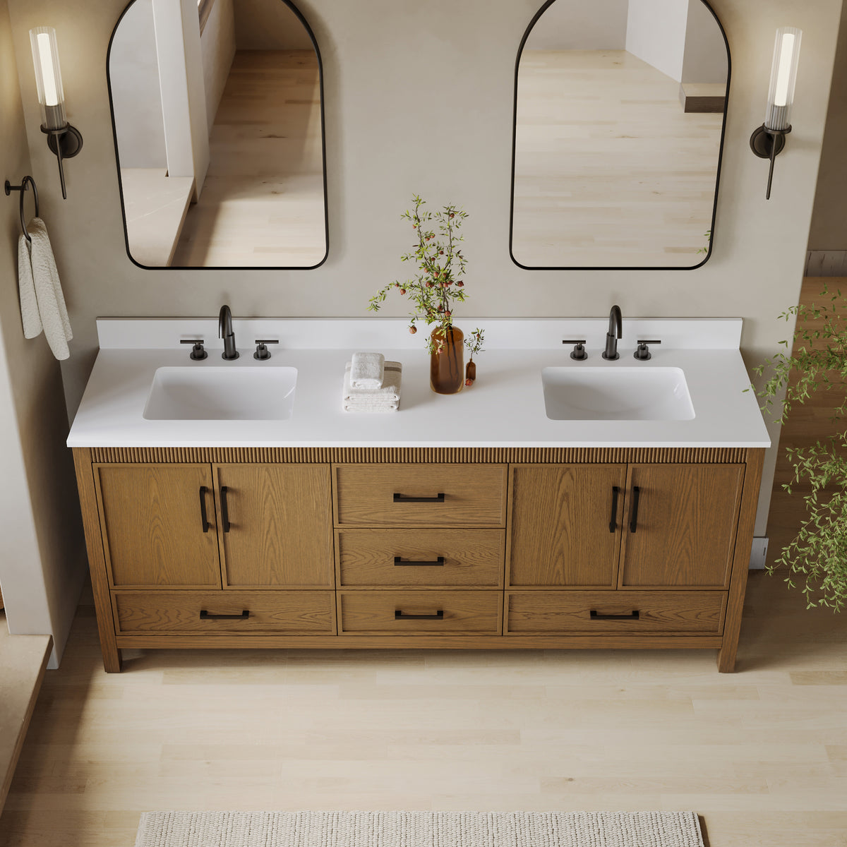 80 Inch Freestanding Solid Wood Bathroom Vanity with Pure White Quartz Countertop, 4 Soft-Close Doors & 5 Dovetail Drawers, Walnut