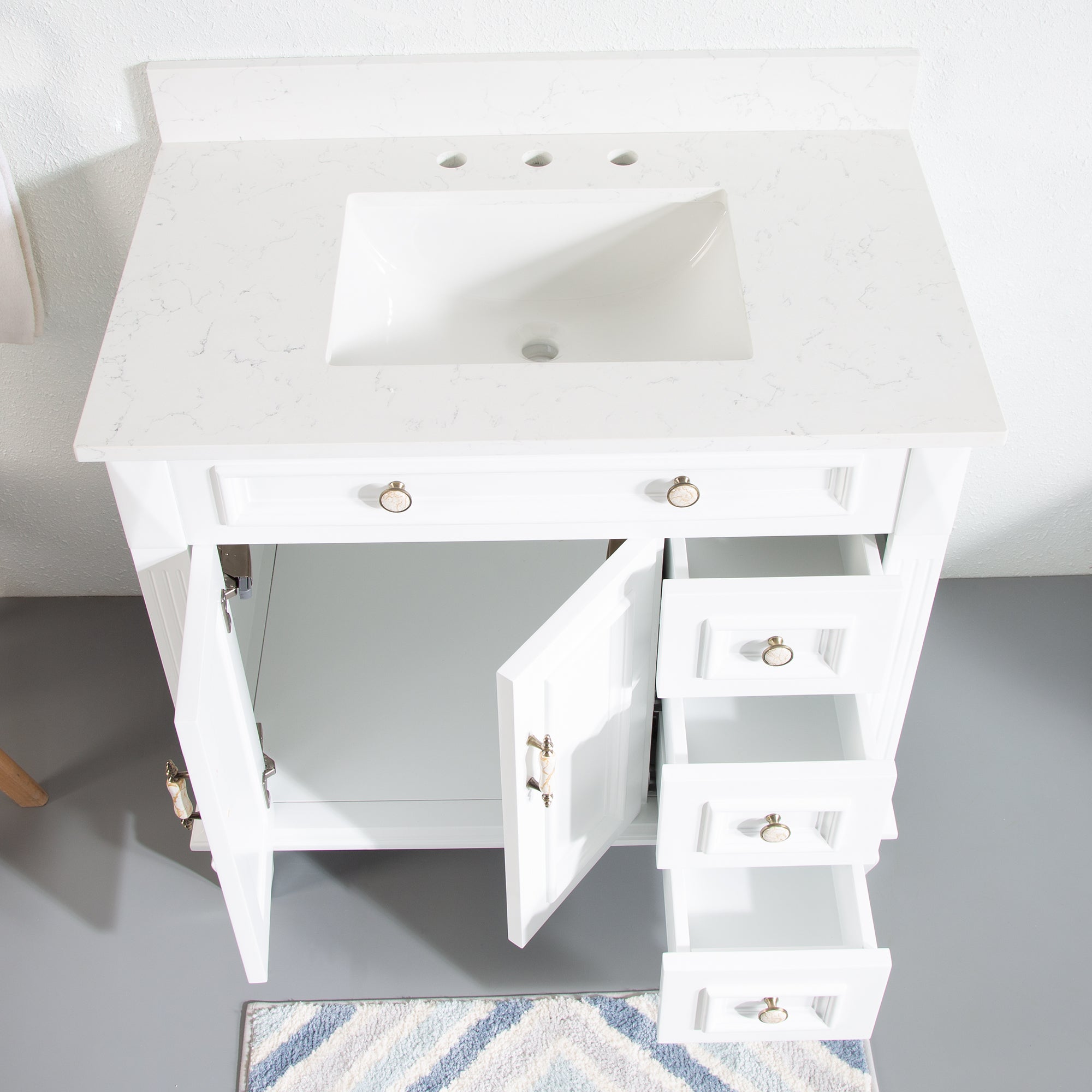 36 in. White Freestanding Solid Wood Bathroom Vanity Storage Organizer with Carrara White Quartz Countertop